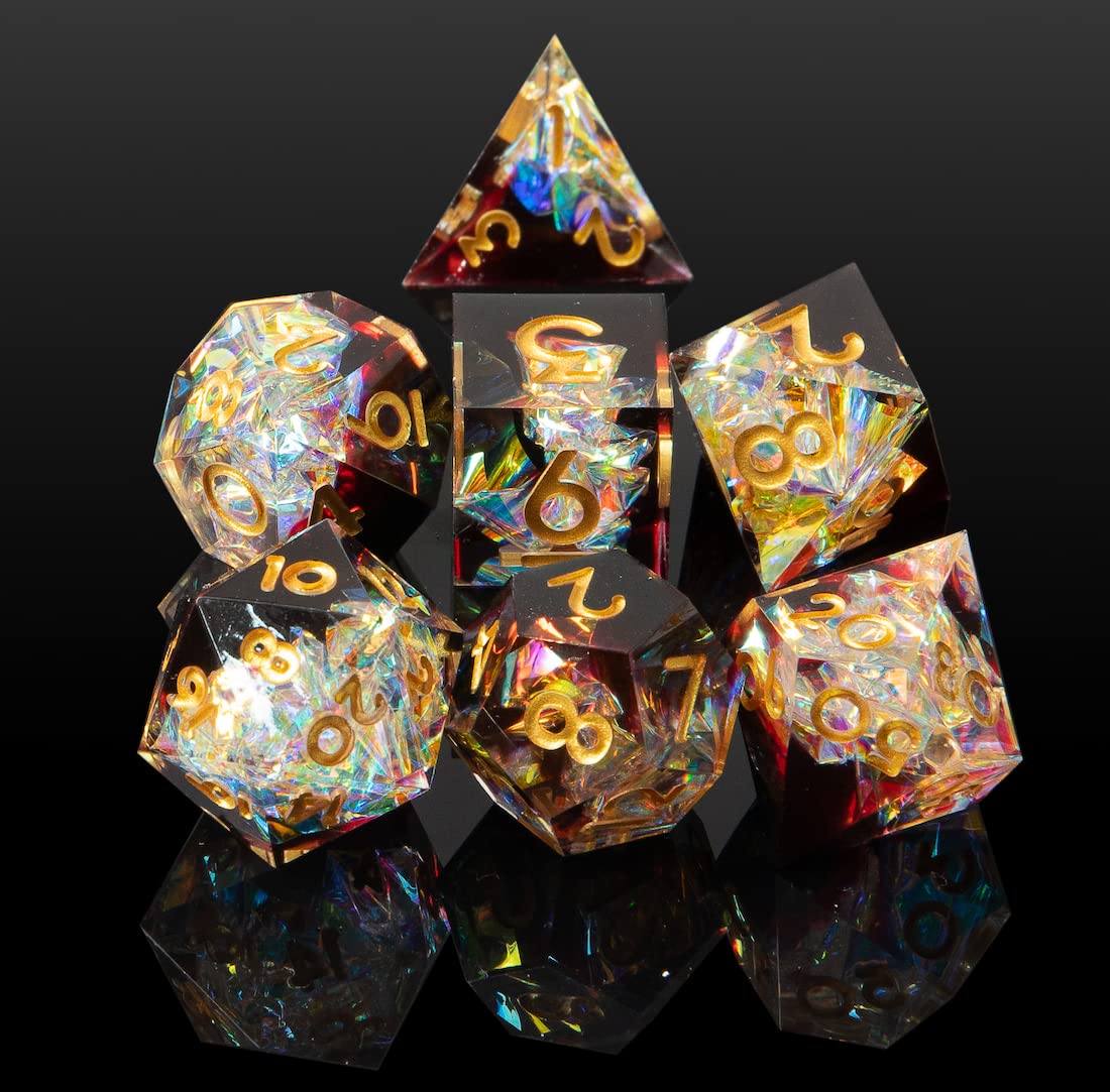 Sharp Edge DND - Juego de Dados Hechos a Mano con 7 Accesorios para Juegos TTRPG de Calabozos y Dragones, Juego de rol de Resina poliédrico de Borde Afilado, Juegos de rol Shadowrun Pathfinder MTG