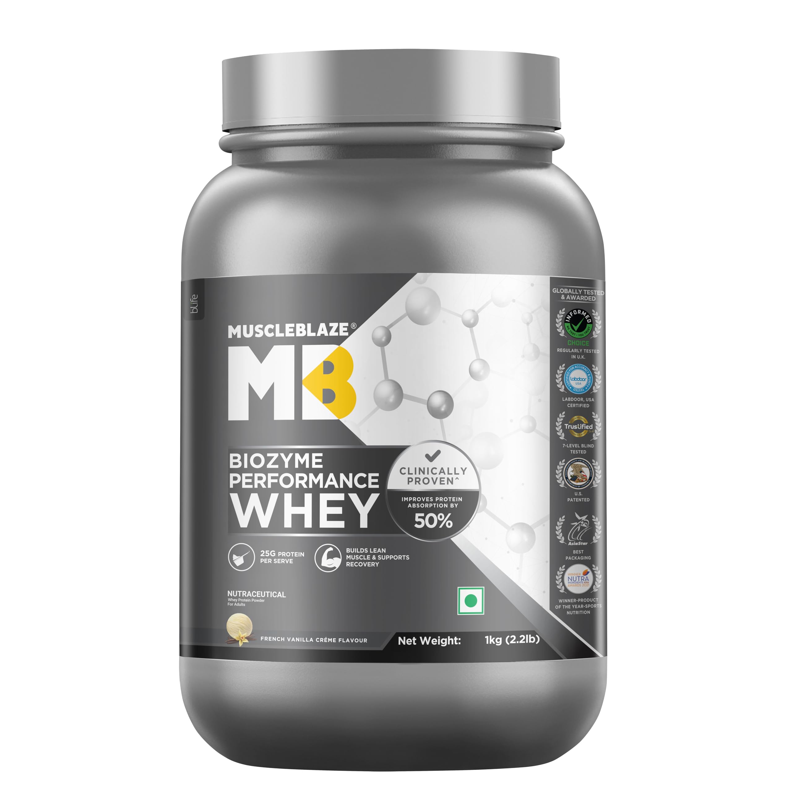 MuscleBlaze Biozyme Performance Whey Protein | Clinically Tested 50% Higher Protein Absorption | Informed Choice UK, Labdoor USA Certified & US Patent Filed EAF® (French Vanilla Créme, 1 kg / 2.2 lb)