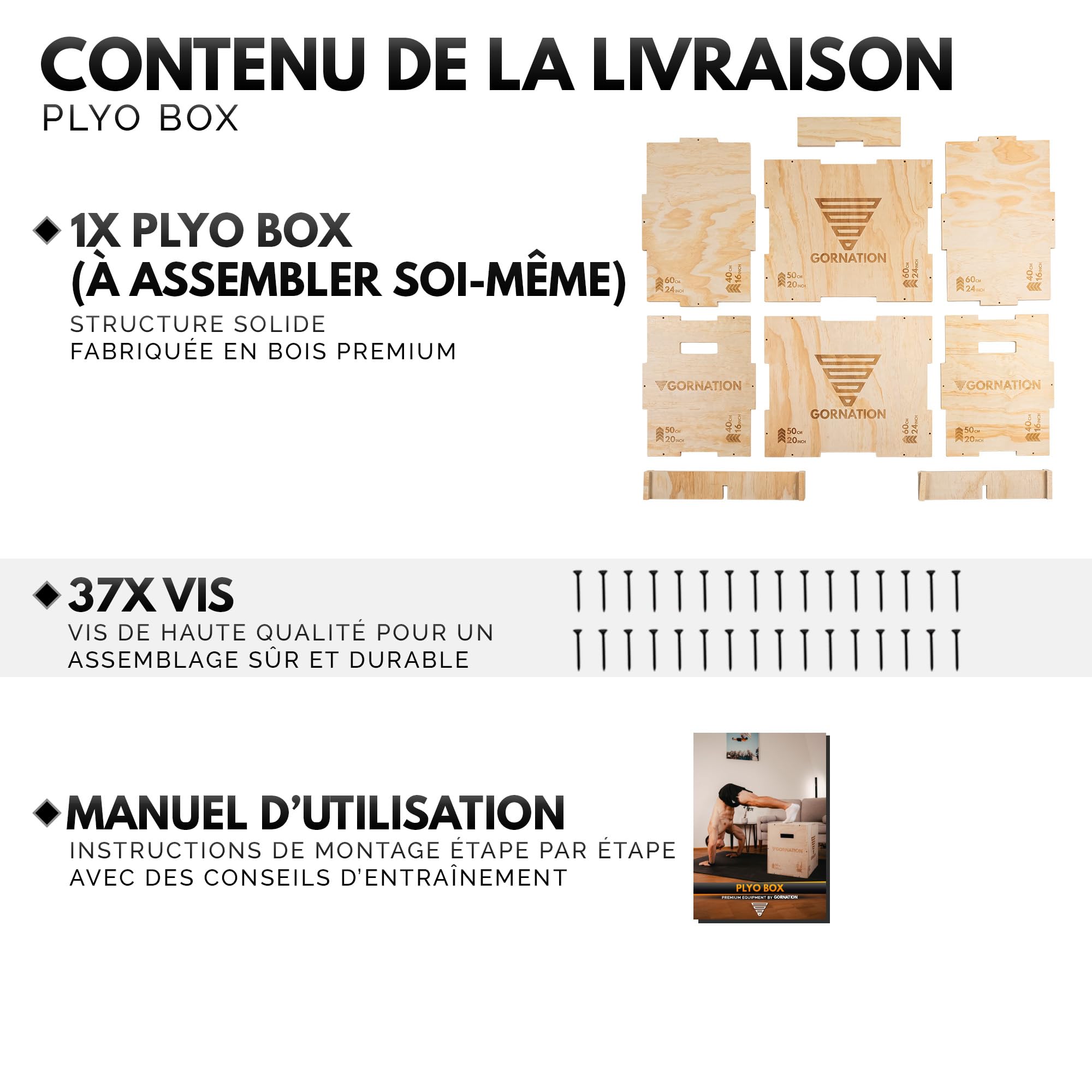 GORNATION Boxe Plyométrique en Bois 3-en-1 – Boîte de Saut Jump Box pour Crossfit, Calisthenics & Home Gym, Plateforme d’Entraînement Fonctionnel à Domicile ou Extérieur