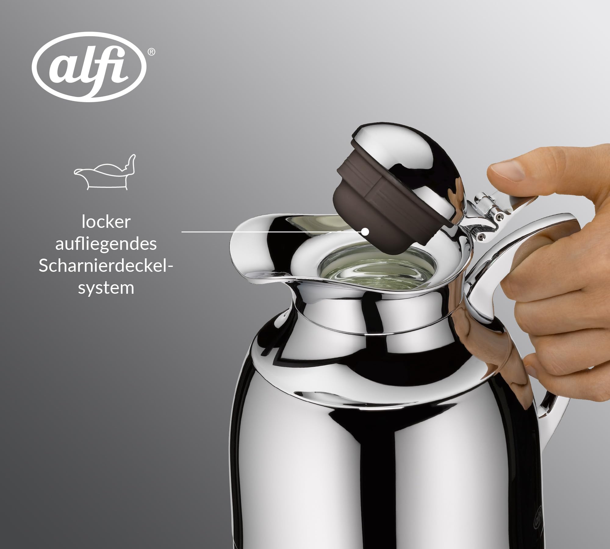 alfi JUWEL 1,0l, silber chrome plated, elegante Isolierkanne mit Hartglaseinsatz, 12h heiß & 24h kalt, ideal als Kaffeekanne, Teekanne