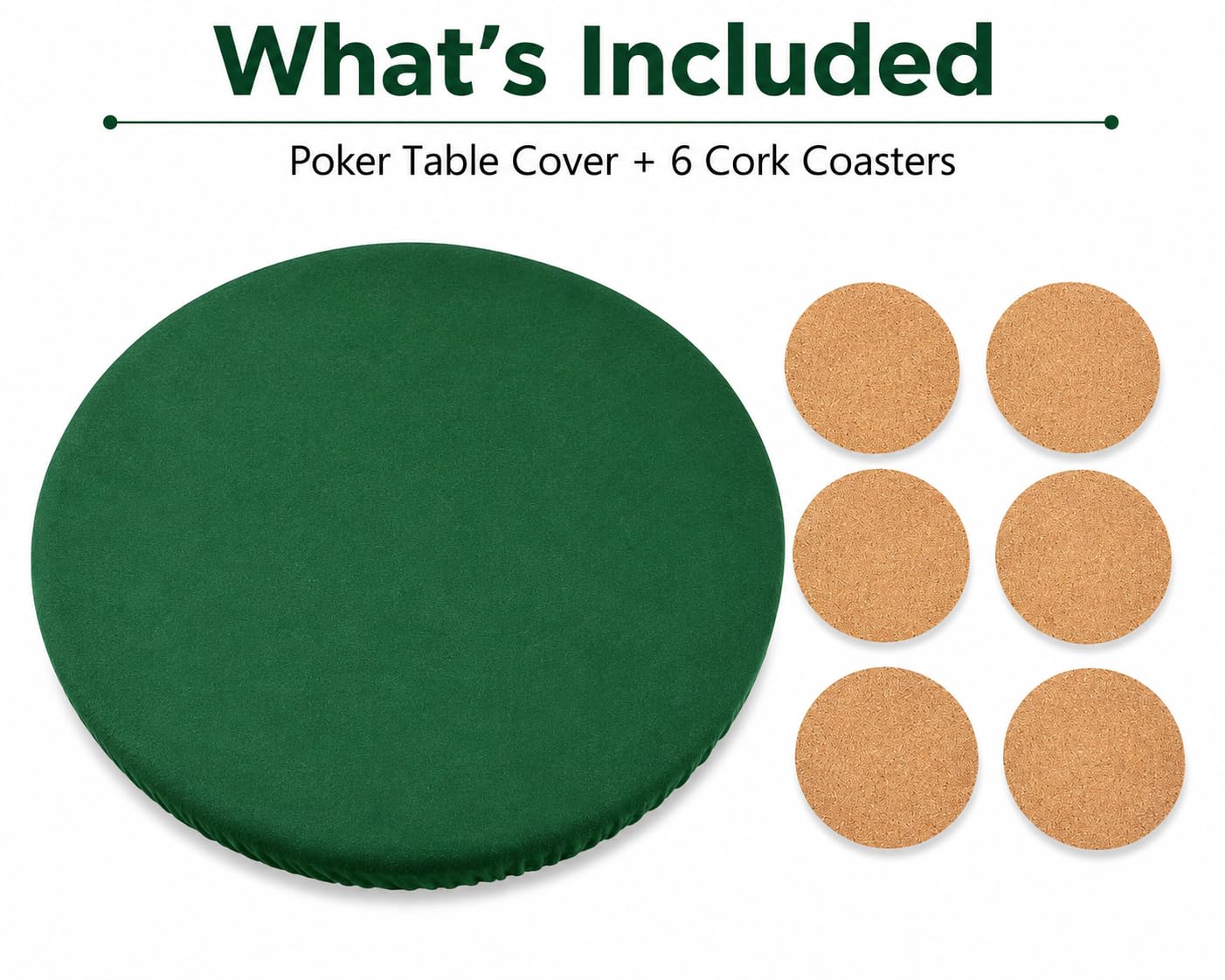 Katai – Cubierta Verde para Mesa de póker Estilo Casino – Fieltro elástico para mesas Redondas de 36 a 48" – Antideslizante y Reduce Ruido – Incluye 6 Posavasos