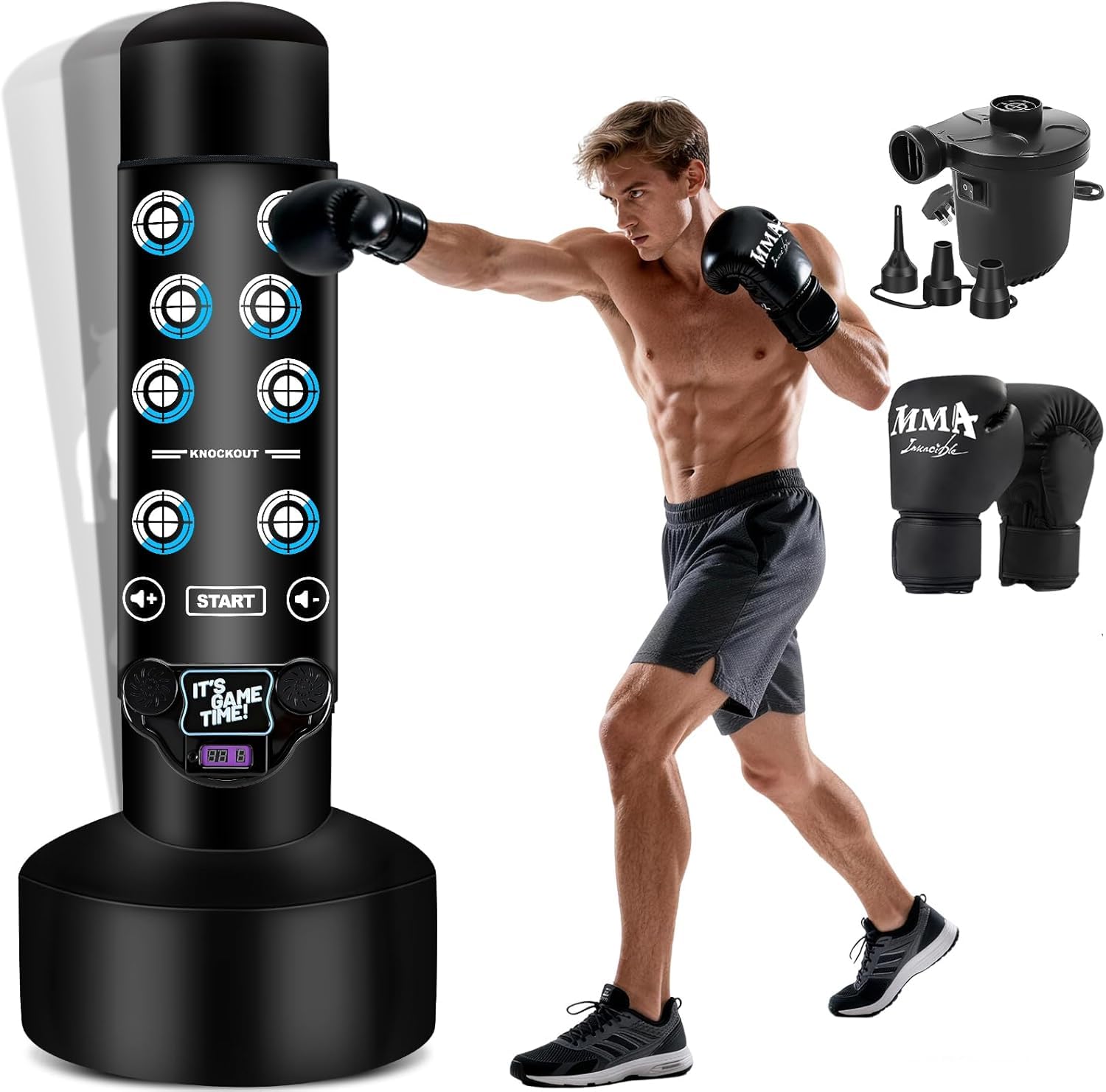 NZQXJXZ Saco de boxeo mejorado para adultos con alfombrilla de música interactiva, saco de boxeo de 69 pulgadas con puntuación, luz, almohadilla de música, guantes de boxeo y bomba de aire eléctrica