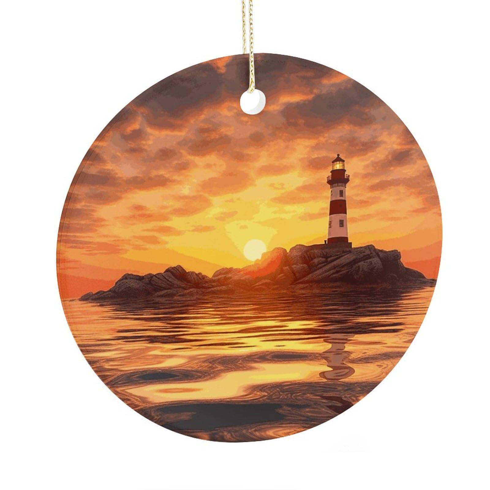 Adfgyerh Style Sea Lighthouse In Sunset Ceramic Circular Pendant,2.9 Inch，Hanging Ornament，Gift Exchange Idea Round Ceramic Ornament,For Mom And Daughter，For Home Indoor Outdoor Decor.