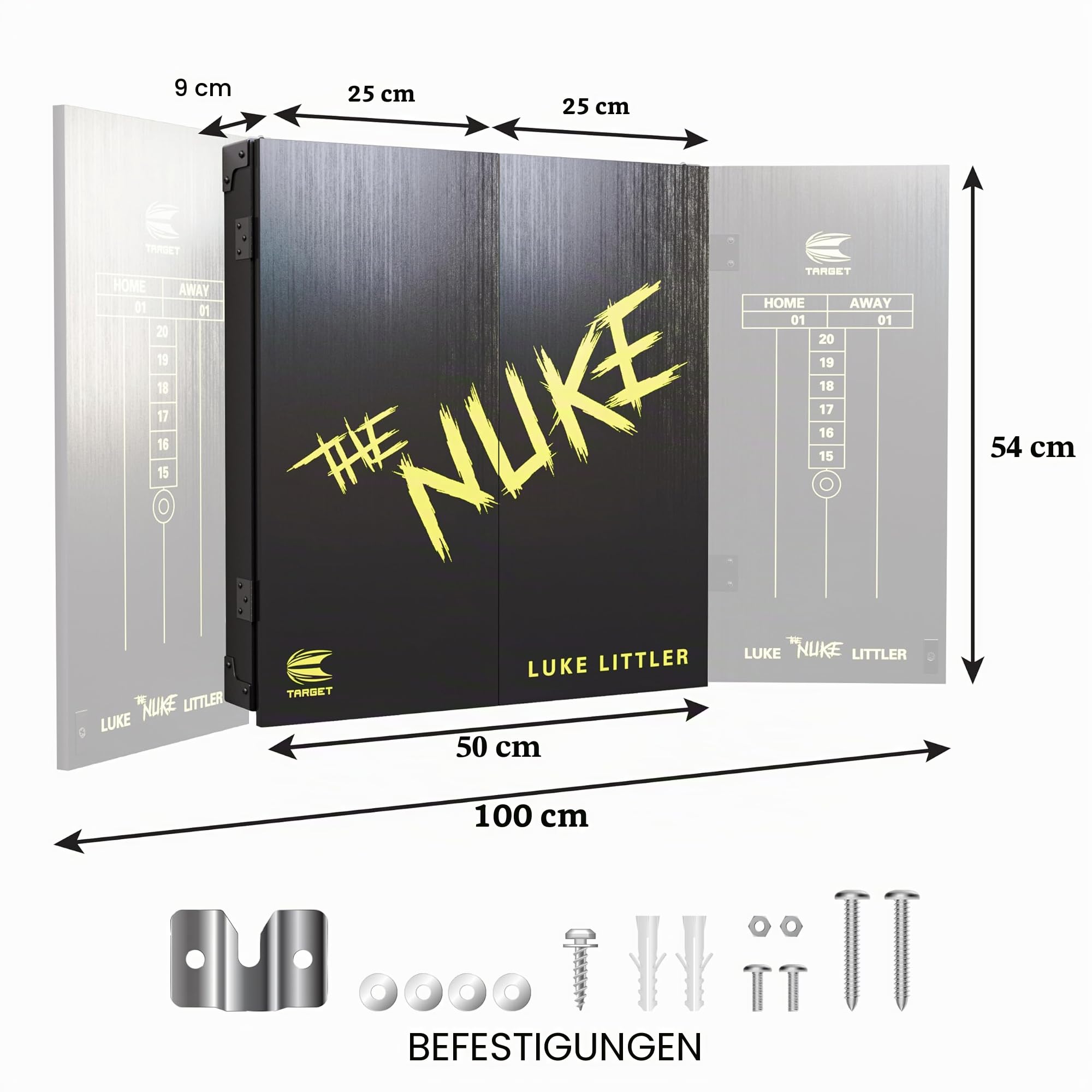 Target Darts Player Dartboard and Cabinet Set | Luke Littler/Dimitri Van den Bergh/Gabriel Clemens | Dartschrank mit 2 Sets Steel-Dart-Pfeilen, Score-Charts, Wurf-Standardlinie für Wettbewerbe