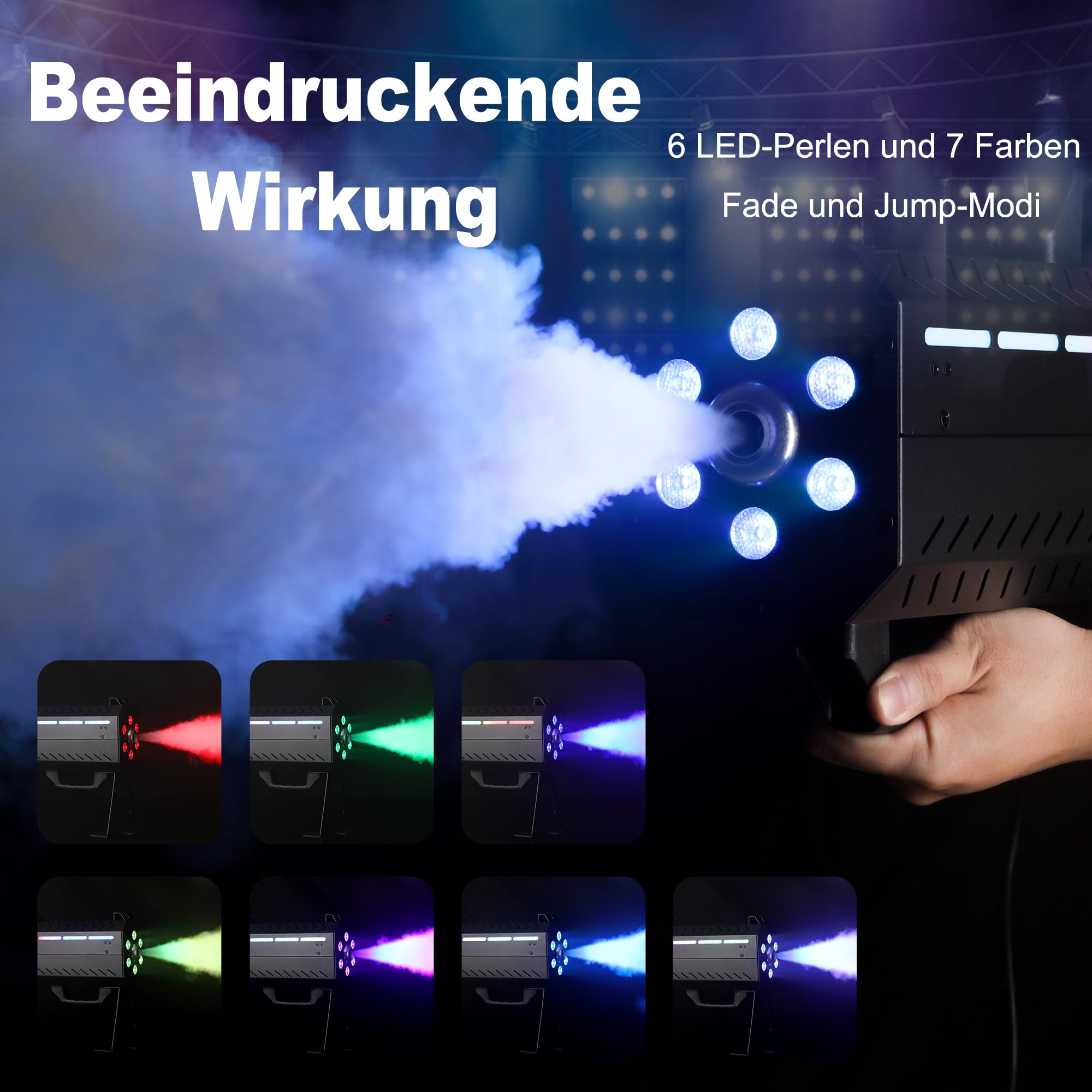Telbum Nebelmaschine 1500W Party Gun mit 6 LEDs, Handheld Nebelmaschine mit Ständer/Gurt Dual Use, Timerfunktion, Fog Machine für Halloween Party, DJ Disco Bühne Hochzeit