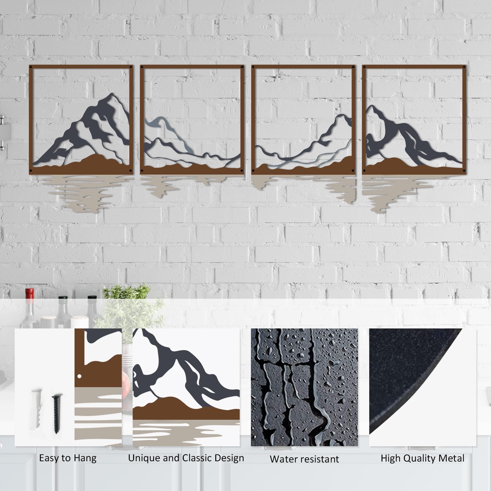 ESTART 4 stuks metalen berg kunst aan de muur, grote bergen wanddecoratie, bergbos decoratief schilderij geschikt voor woonkamer, slaapkamer, kantoor, binnen en buiten
