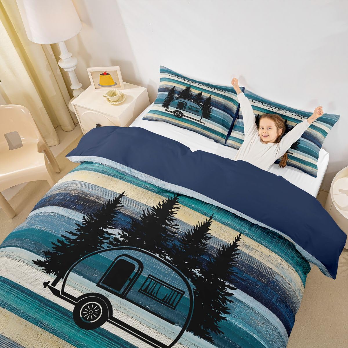 Happy Camping Super King poszewka na kołdrę las sosnowy obóz podróżny zestaw pościeli do samochodu dla dorosłych nastolatków kobiet domek kempingowy kampera vintage poszewka na kołdrę dom wiejski