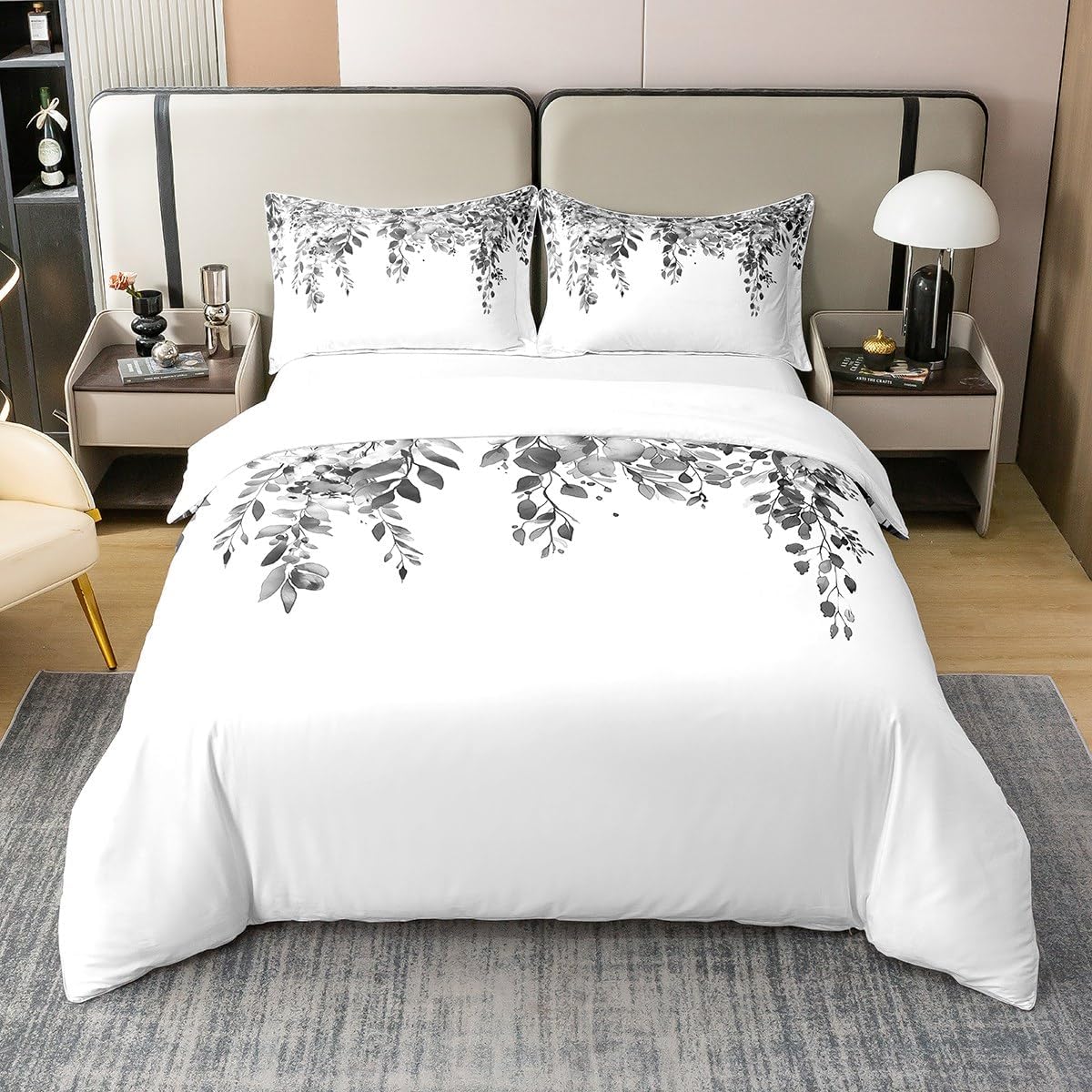 Watercolor Plant Leaves 100% Cotton Bedding Set Teal Floral Comforter Cover Set for Kids Teens Bedroom Decor Spring Flowers Duvet Cover (No Comforter) Full Size 3 PCS