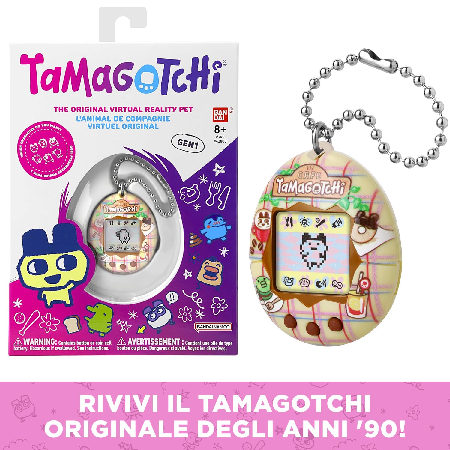 Tamagotchi original – Bandai – Tama Café – Animaletto Virtuale Elettronico con Schermo LCD – Gioco Interattivo in italiano con Mini‑Giochi – Tema Caffè – Giocattolo per Bambini 8+ – 42997