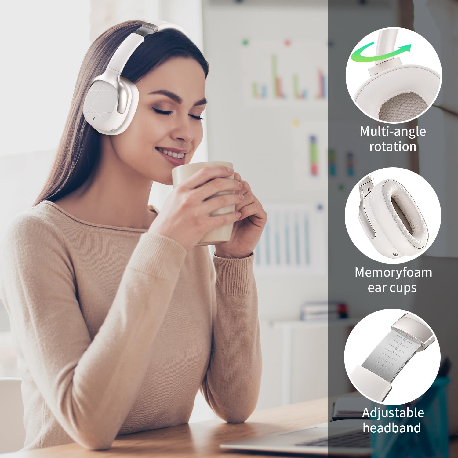 Cuffie con cancellazione del rumore, 50 ore senza fili, cuffie pieghevoli, bassi profondi HiFi, equalizzatore personalizzato, traduzione multilingue, adatte per viaggi, lavoro (bianco sporco)