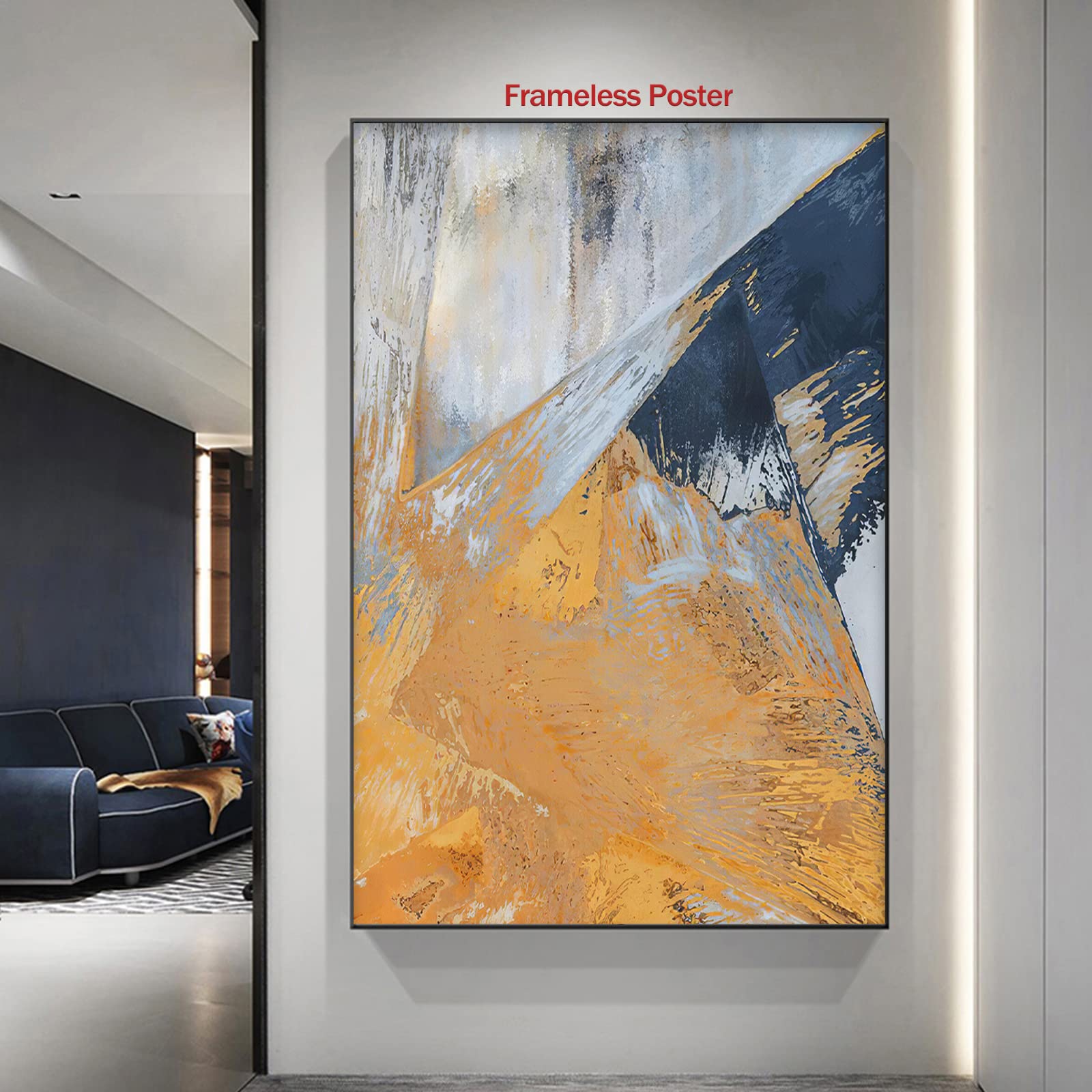 Gerahmte Leinwand-Wandkunst – Abstrakt, Blaugrün-gelb, 91,4x61 Cm, Handgemalt, Für Wohnzimmer & Büro