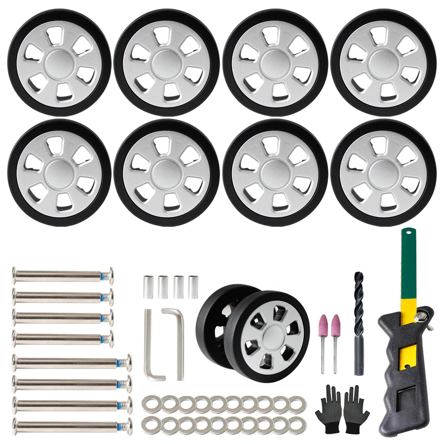 スーツケースタイヤ交換キット スーツケース キャスター 交換 ラゲッジタイヤ取替え車輪補修 キャリーバッグホイール静音双輪修理キット輪外径55mm 8個 車輪補修用Φ6・Φ8軸穴対応, 付属 金切りのこ刃 ステンレス用 24山