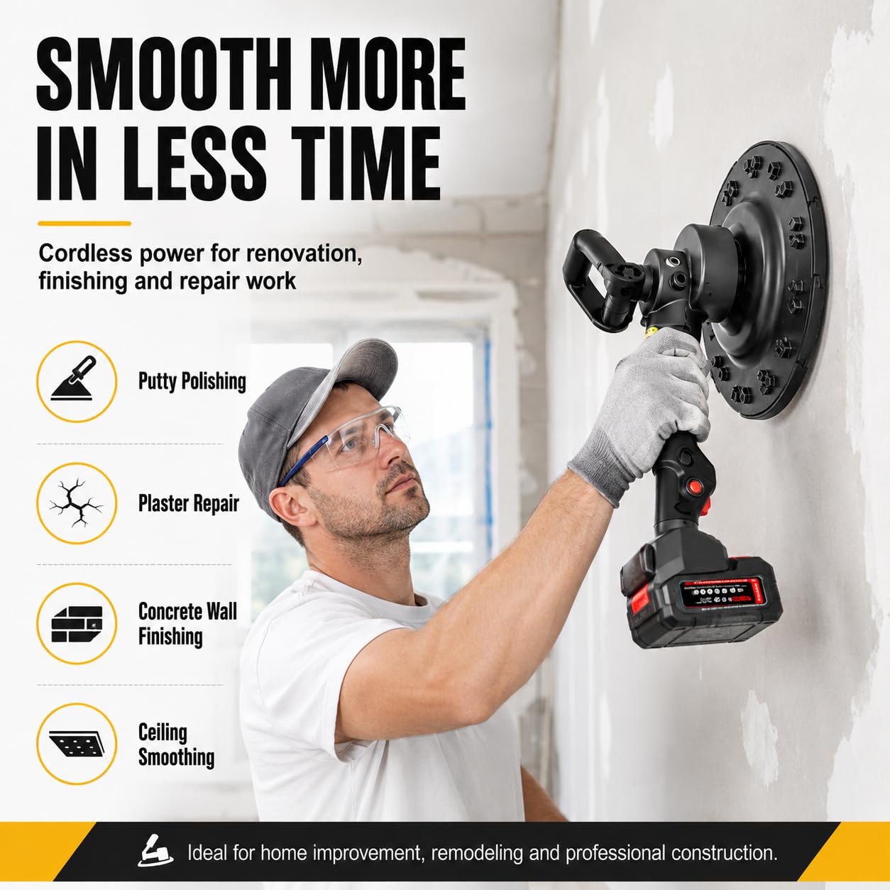 Frattazzo Elettrico A Batteria per Levigare/Lucidare Pareti, Utensile 1680w per Intonaco Cemento/Malta, Levigatrice A 6 velocità per Stucco, Cartongesso, Pareti Stuccate dualbattery