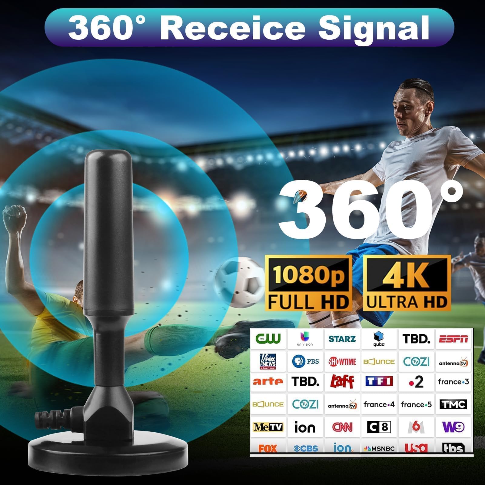 Antenne TV Intérieur Puissante TNT HD DVB-T/DVB-T2 Base Magnétique 3M Câble Coaxial Réception 360° 1080P 4K