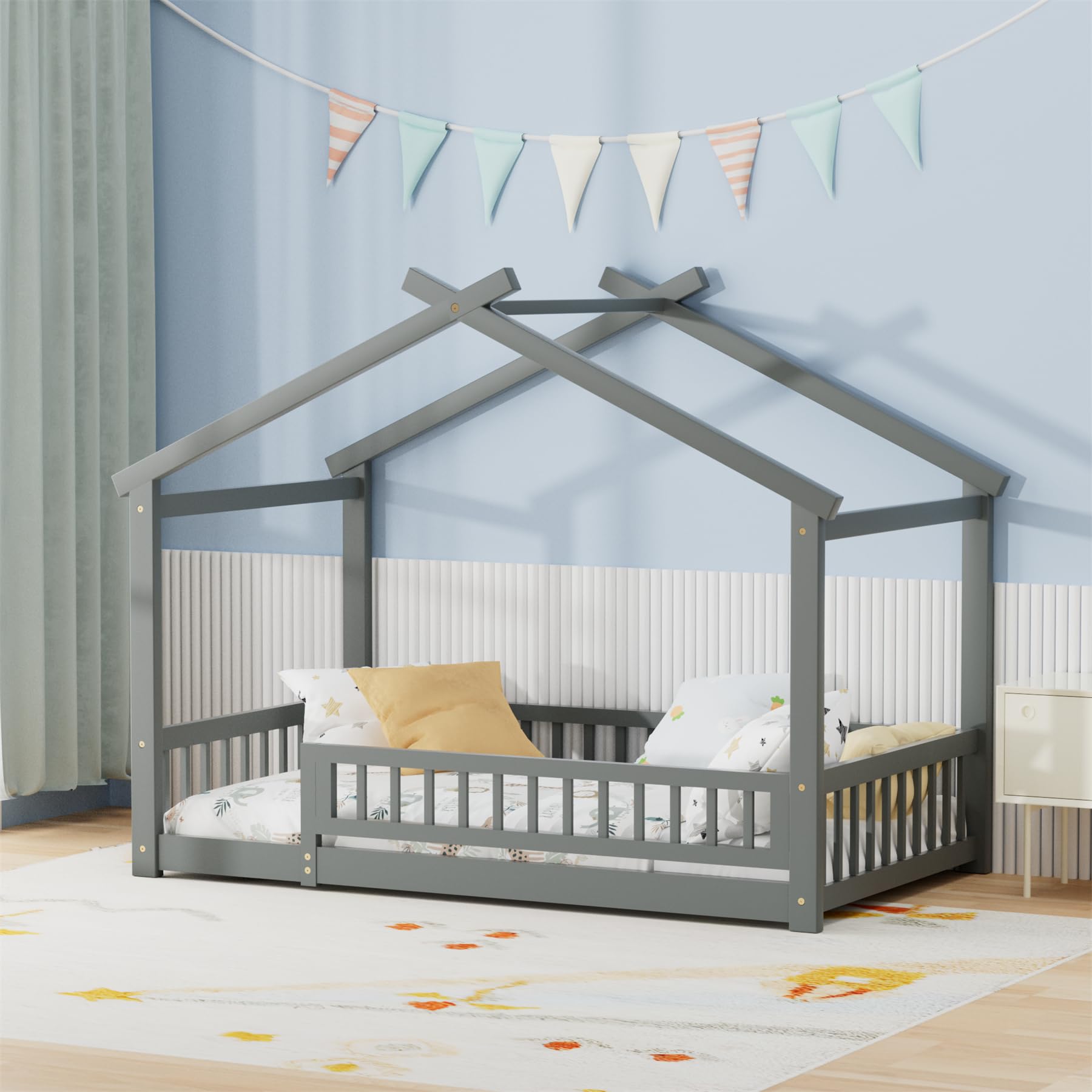LLS Twin House Bed with Fence, Wooden Montessori Bed with Slats Support, Floor Bed Frame for Boys Girls Bedroom, Gray
