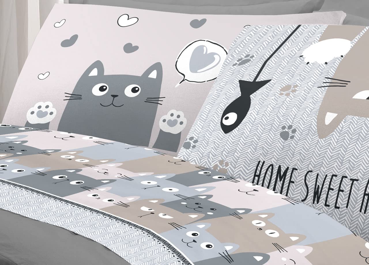 BIANCHERIAWEB Completo Lenzuola Letto Pensieri Delicati 100% Cotone Disegno Happy Cat Matrimoniale Grigio