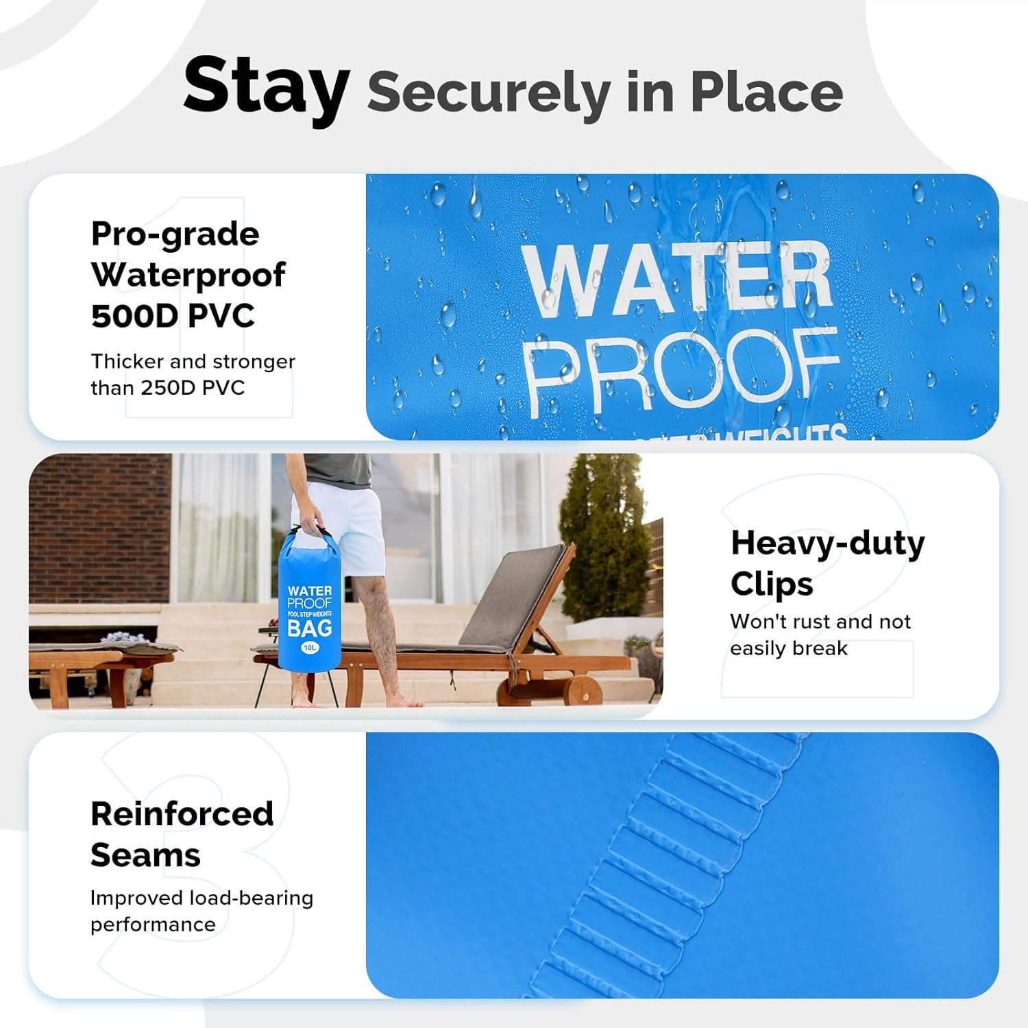 Goovilla Pool Ladder Weights Universal | 2 Pack 10L 500D PVC Waterproof Tear-Resistance Sand Bags for Above Ground Pools Steps | Easy to Fill and Seal with Strong Handle and 2 Straps (Sky Blue) - Image 4