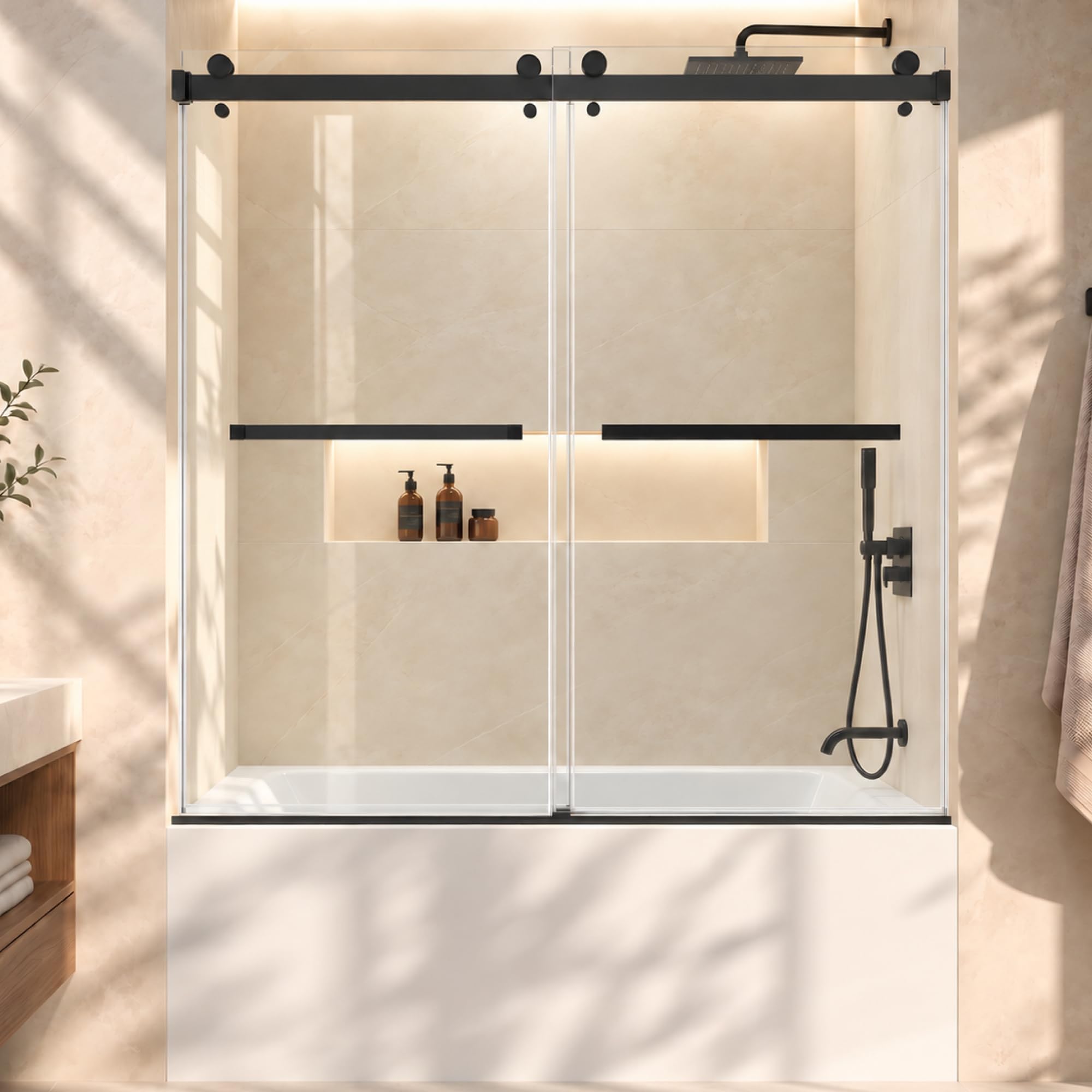 Photo 1 of Frameless Sliding Bathtub Shower Door, 56-60" W x 60" H, Matte Black