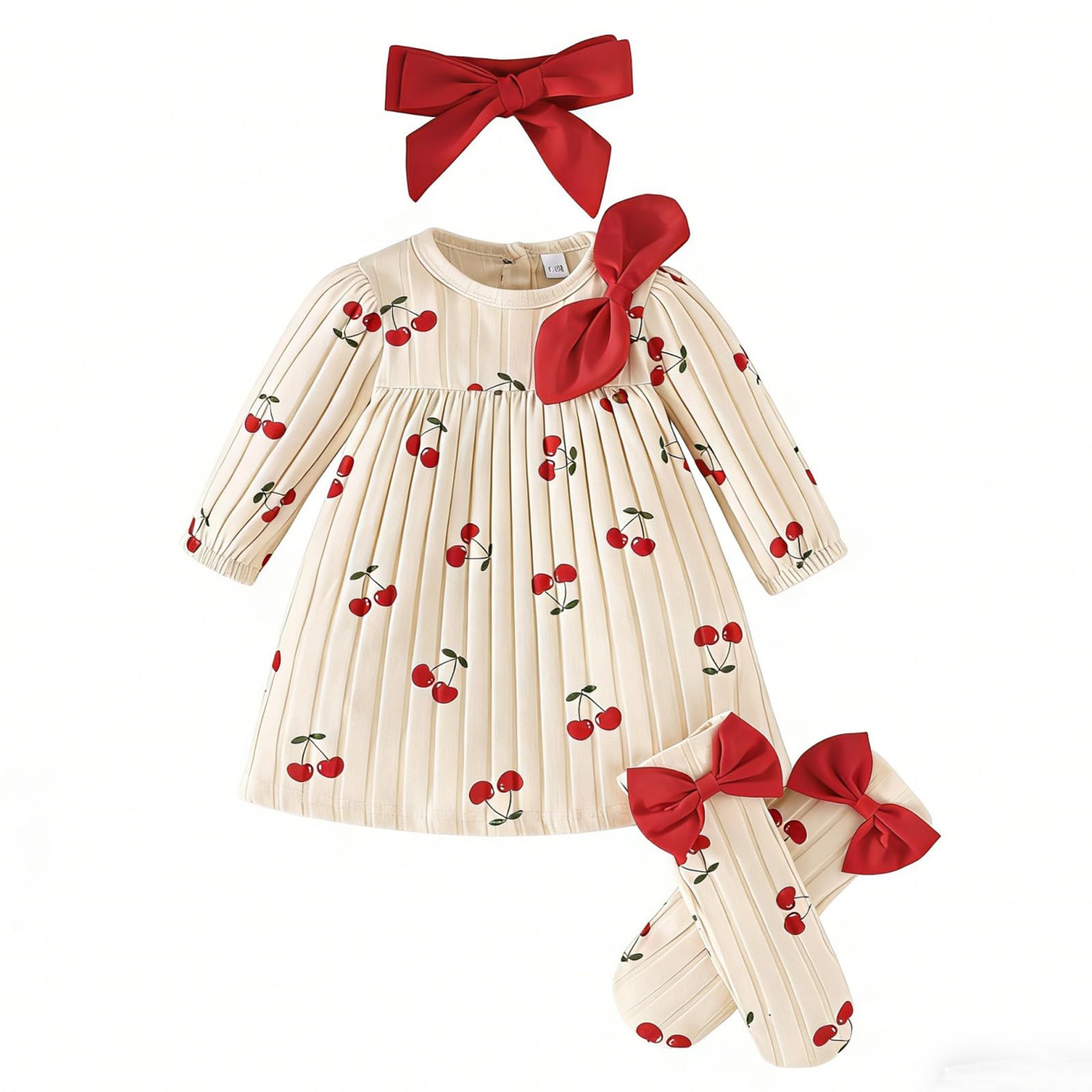 3 Pezzi Vestito per Bambina Neonato Completo a Manica Lunga Fascia per Capelli Fiocco e Calzini Abbigliamento Carino Stampato Neonati da 1 a 12 Mesi