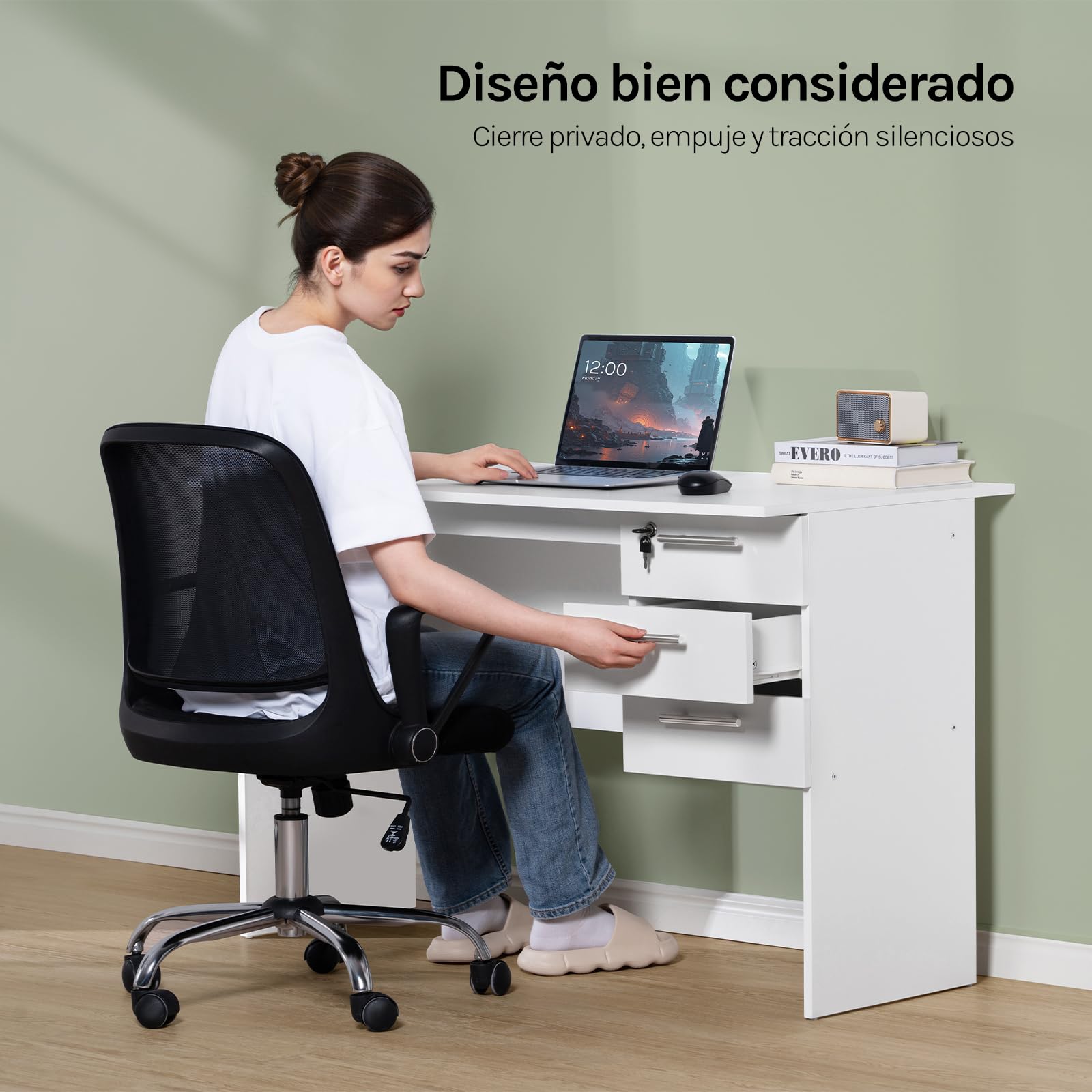 WOLTU Mesa de Ordenador, Escritorio de Trabajo con 3 Cajones, 120x60x75 cm, Mesa Escritorio para Oficina Dormitorio Despacho y Estudio, Blanco