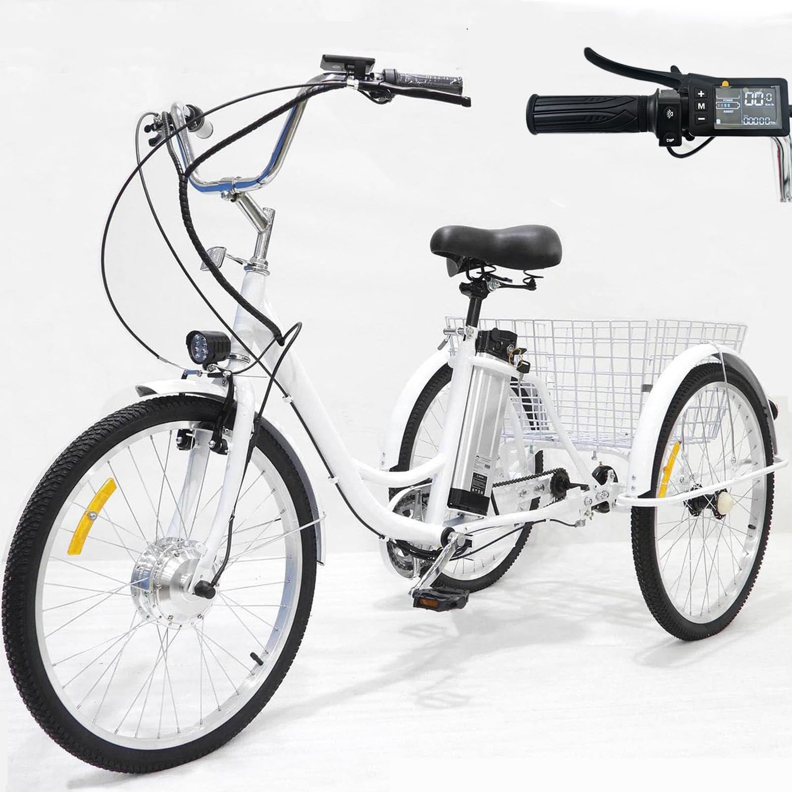 Triciclo elettrico per adulti da 24”, 3 ruote, batteria rimovibile da 36 V/12 Ah, carico massimo 150 kg, 3 modalità di guida, cestino portaoggetti, nero.