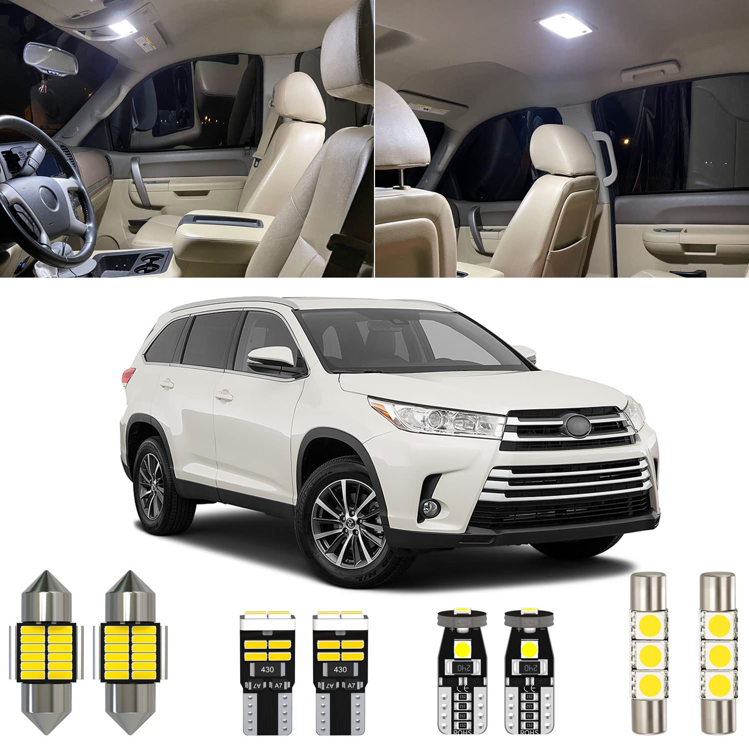 Xpismii14 Piece 6000K White Highlander Interior LED Lights Kit Package Replacement for Toyota Highlander 2014 2015 2016 2017 2018 2019 2020, with Placement Diagram and Install Tool