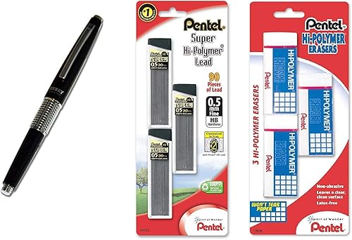 Pentel Sharp Kerry - Portaminas de 0.020 in, cuerpo negro metálico, 1 unidad (P1035A), con repuestos de plomo y borrador (paquete)