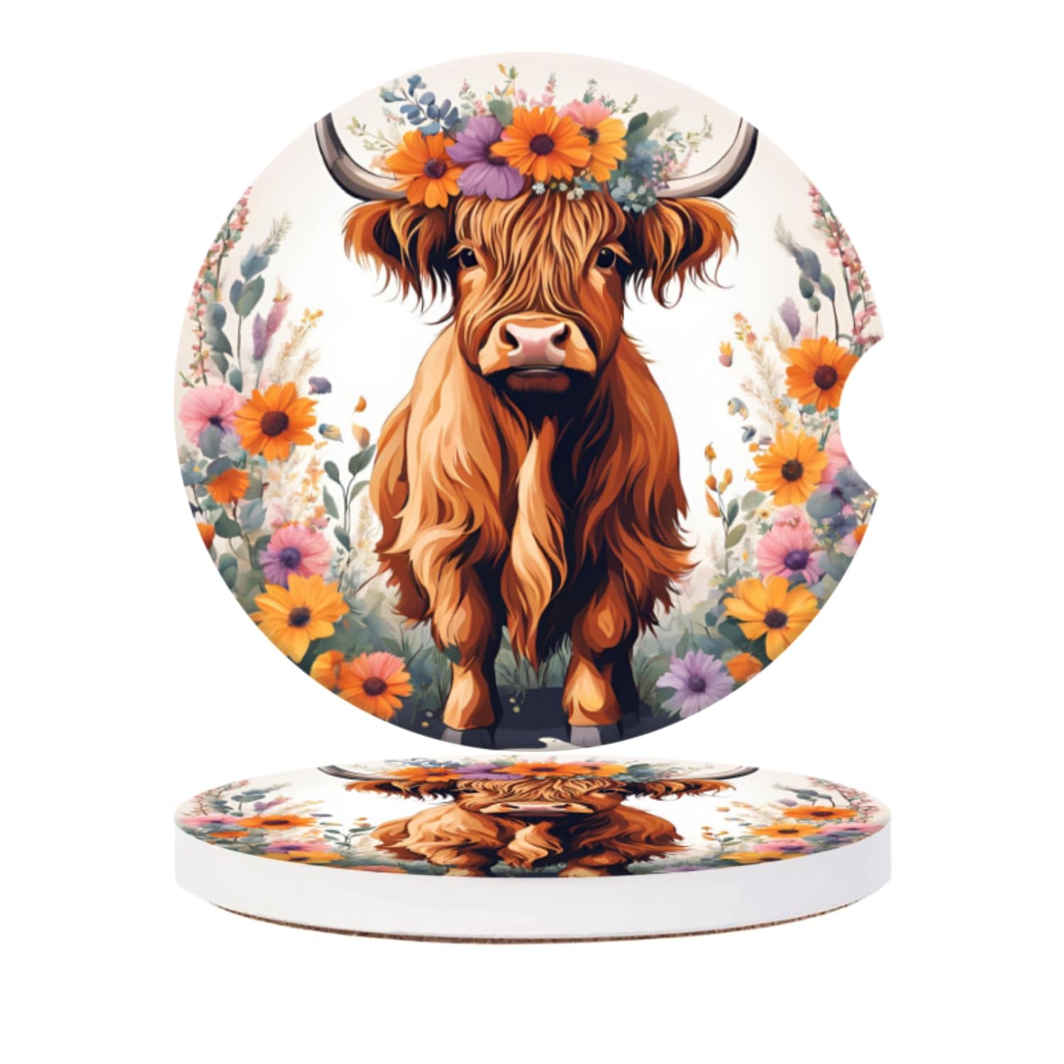 Car Cup Coasters for Cup Holders-Highland Cow and Flowers,Ceramic Cup Coasters with Finger Notch & Cork Base - Anti-Slip Car Interior Accessories for Women Men Pack of 2, 2.56In