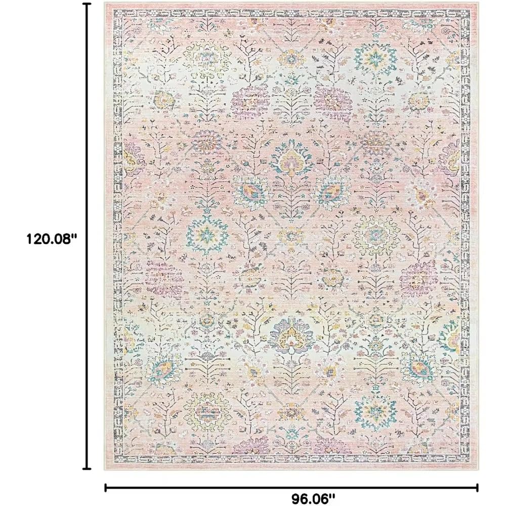 Tapis bohème Rose, 240 x 120 cm, Lavable, pour Chambre ou Salon, Motif Floral Rose poudré Doux, antidérapant.