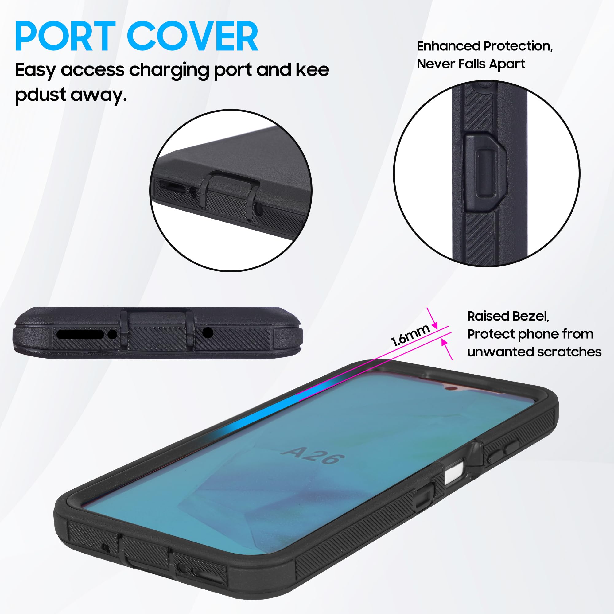 Custodia compatibile con Samsung Galaxy A26 5G con protezione dello schermo integrata, fondina con clip per cintura, custodia protettiva antiurto e robusta, nera