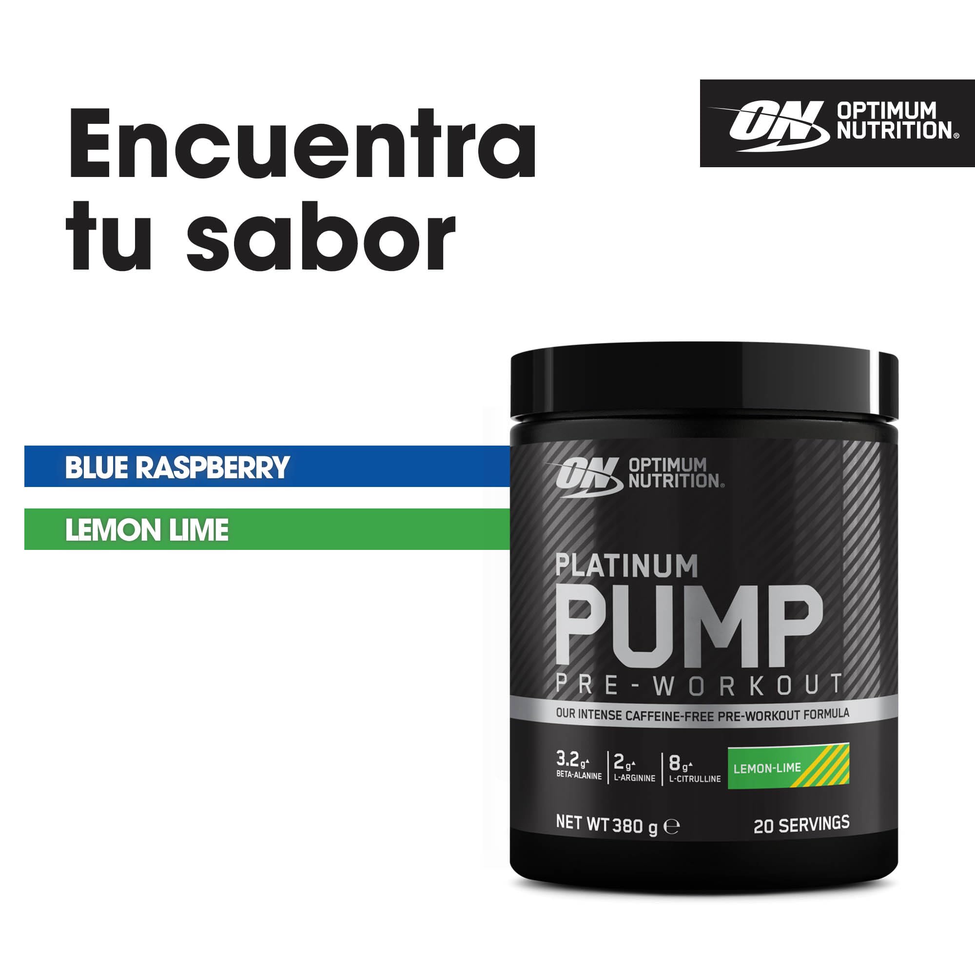 ON Platinum PUMP Pre-Entrenamiento, Suplemento Alimenticio Pre-Entrenamiento Intenso sin Cafeína con Fruitflow, Beta-Alanina, L-Arginina, L-Citrulina, Sabor Lemon Lime, 20 porciones, 380 g