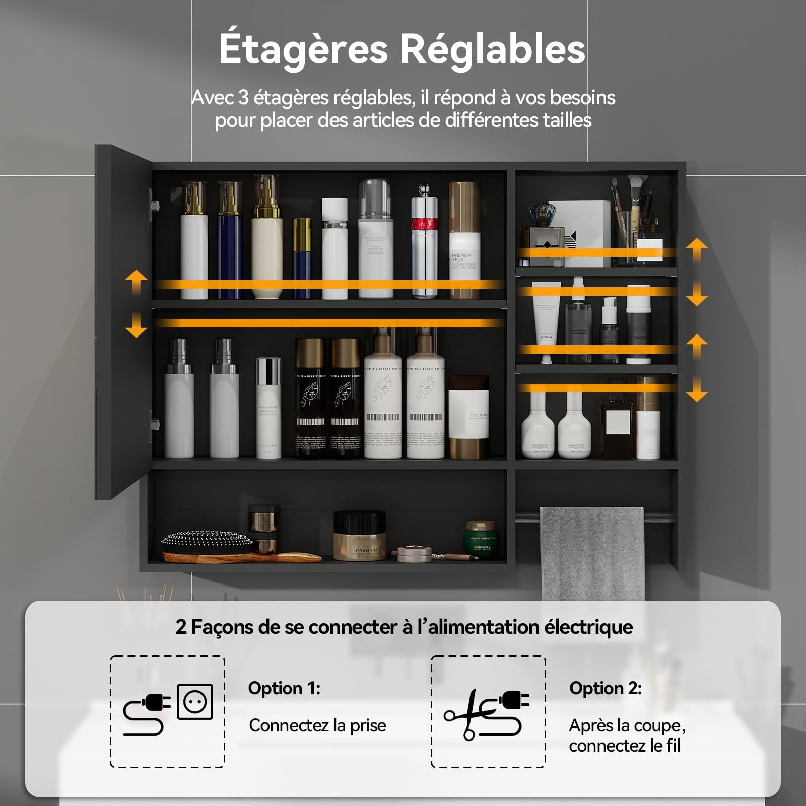 YU YUSING Armoire Salle de Bain avec Miroir LED 80x60cm, Meuble de Toilette Suspendu avec 6 Étagères et Porte-Serviettes, Hauteur Réglable, Anti-Buée, 3 Températures de Lumière Réglables, Noir