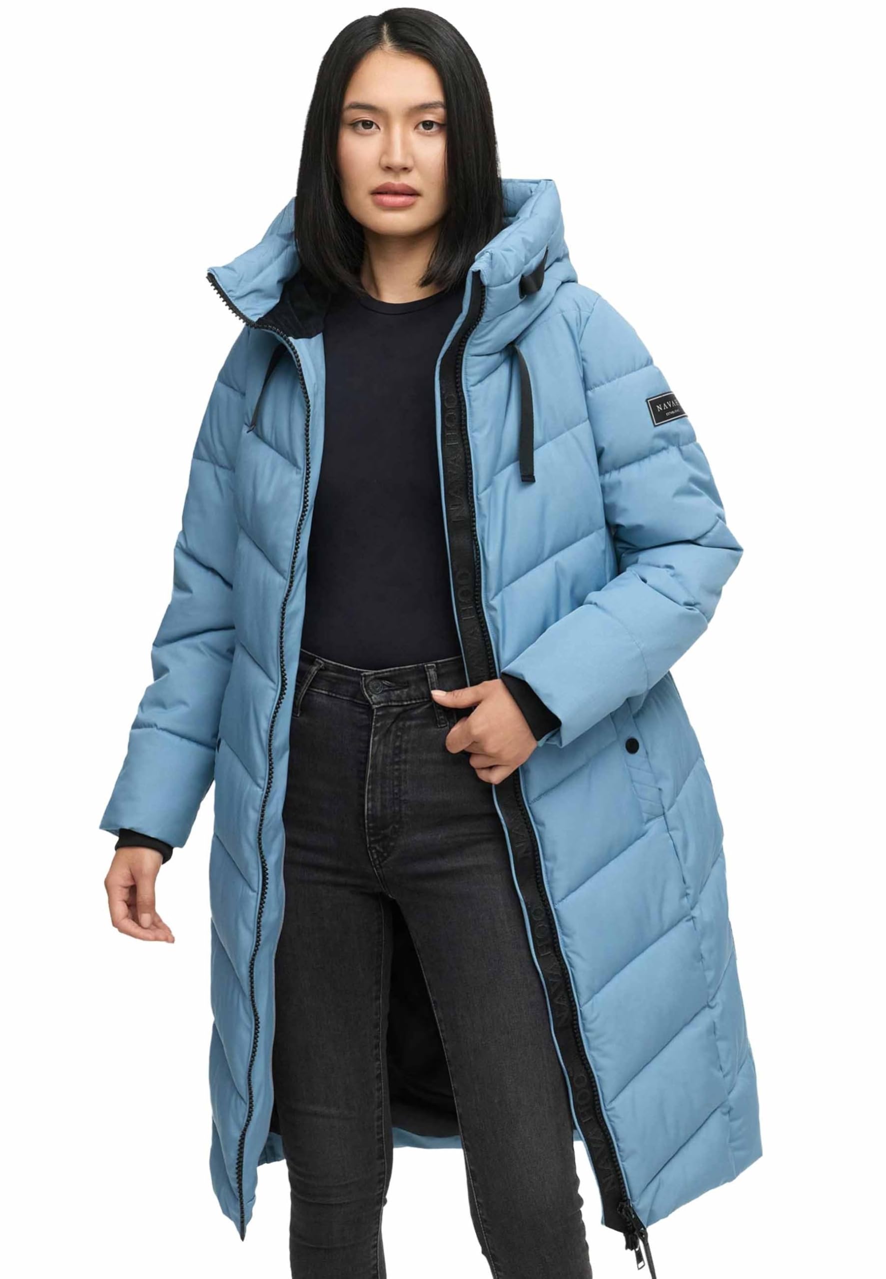 Navahoo N009 Winterjas voor dames, XS-3XL, waterafstotend, deels met teddybont, 4 zakken, gewatteerde jas met capuchon, warme jas voor dames, marineblauw, S