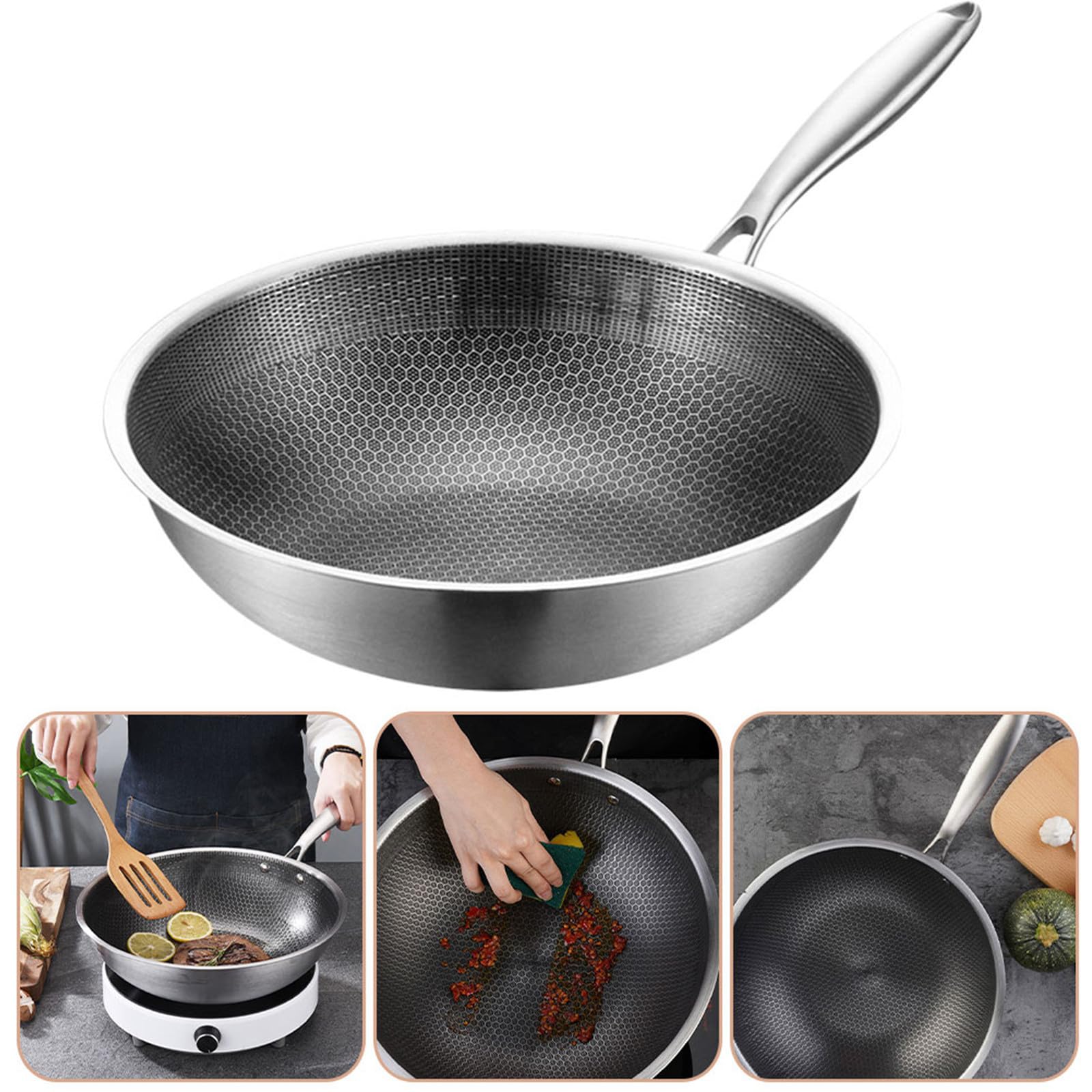 jojofuny Wok in Acciaio Inossidabile con Finitura a Nido D'ape, Padella Profonda Versatile per Cucina su Fornelli a Gas, Distribuzione Uniforme del Calore, Manico Ergonomico
