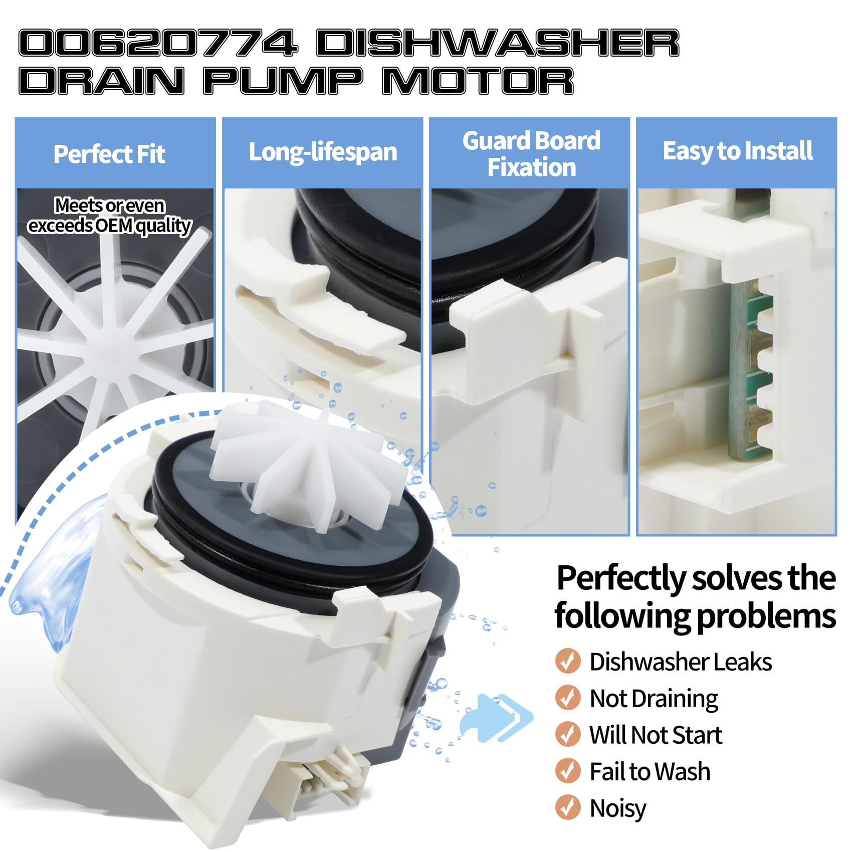 Conjunto de motor de bomba de drenaje de lavavajillas 00620774 compatible con bomba de drenaje de lavavajillas Bosch 620774, piezas de motor de repuesto 2692859, AP5326239, PS8728607, EAP8728607,