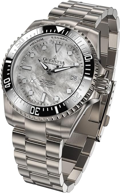 OceanevaTM Men's Deep Marine Explorer II 1250M Titanium Watch White Mother Of Pearl Diver Watch - 42 mm Screw Down Case Back - 1250M Water Resistance - Gold Plated Swiss Made Automatic Movement Watches