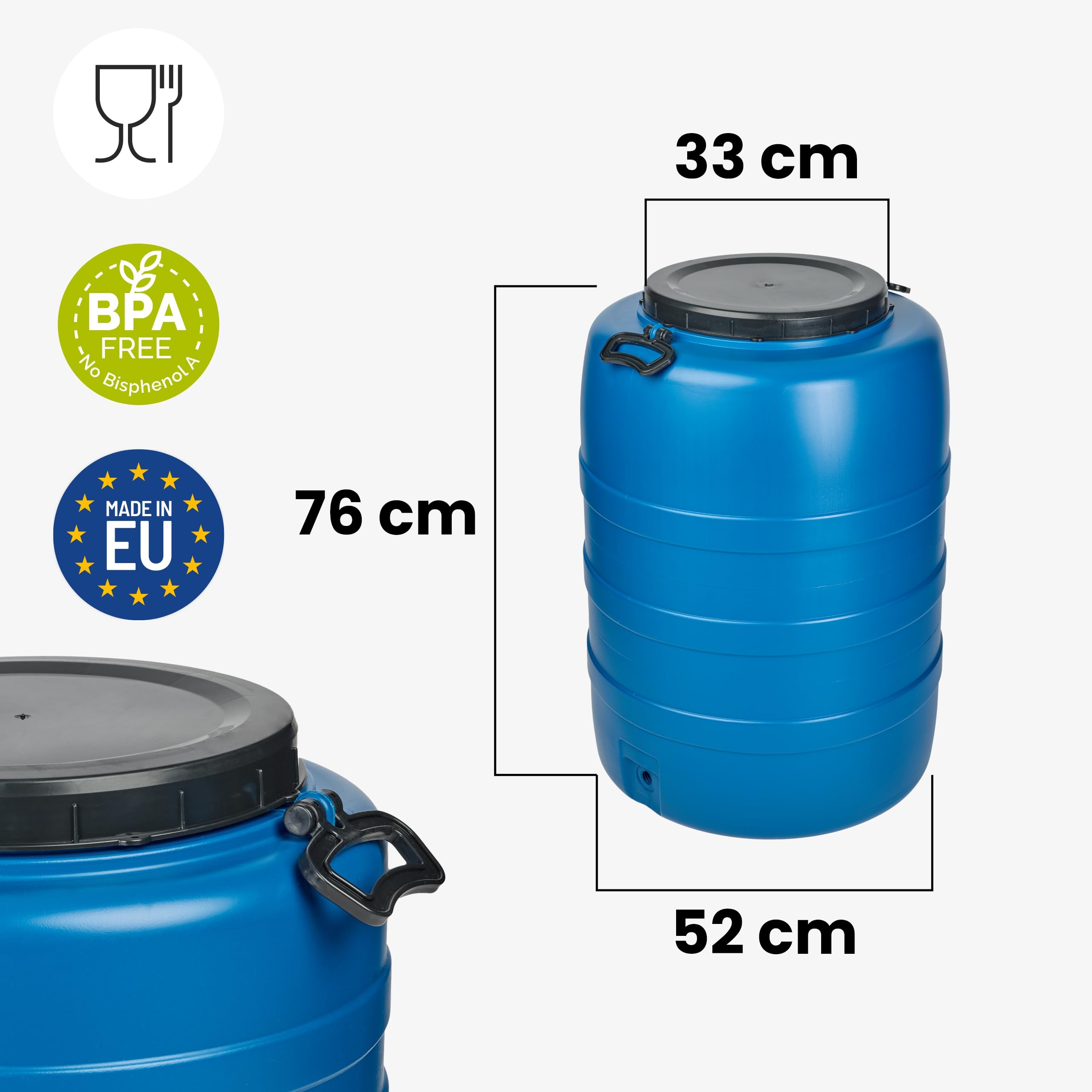 Garronda 120 L con Grifo Bidon Agua Barril de Plástico HDPE con Grifo como Contenedor y Deposito Agua y Alimentos para Almacenamiento, Fermentación y Recogida de Lluvia GD-0186 Azul