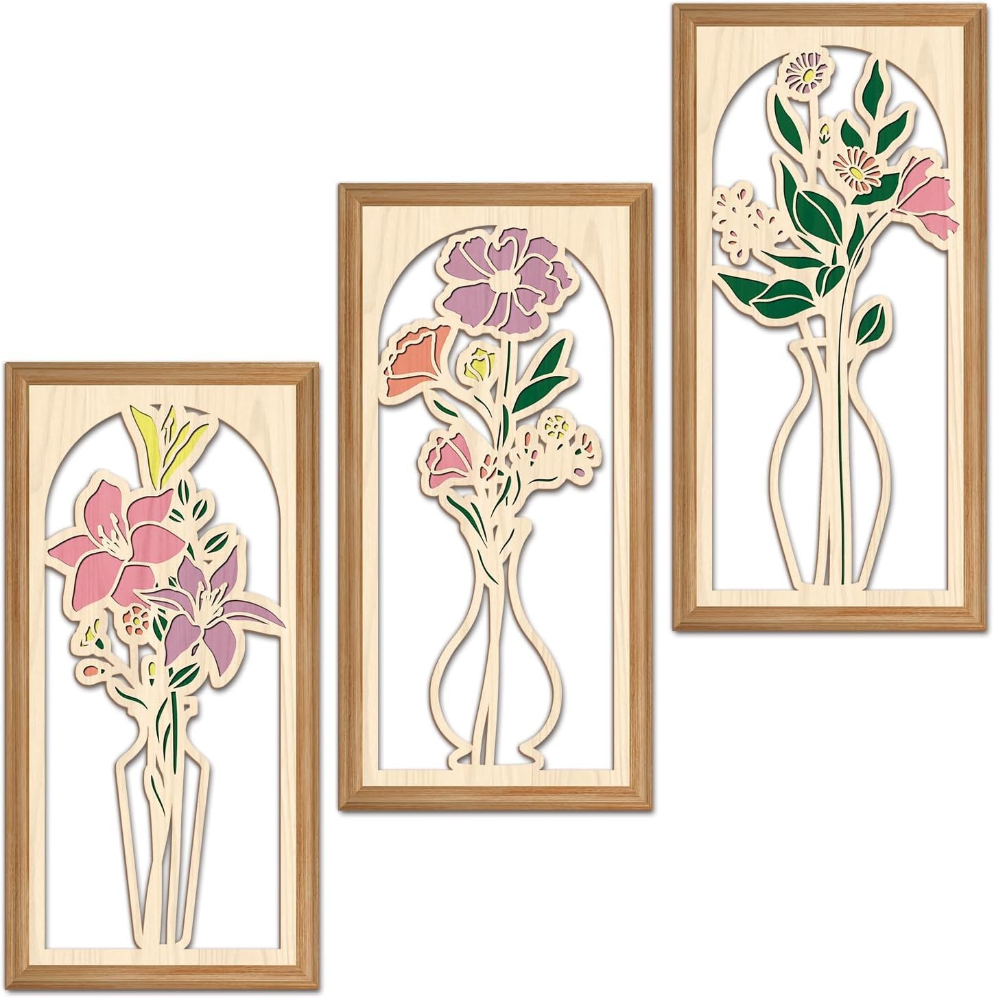 ANHUIB 3Pcs Hollow Boho Flower Wooden Wall Art Minimalism Flower in Vase Hanging Wood Wall Decor Abstract Botanical Floral Wood Wall Hangings Farmhouse Bohemian Wall Sign for Living Room Bedroom 8x16