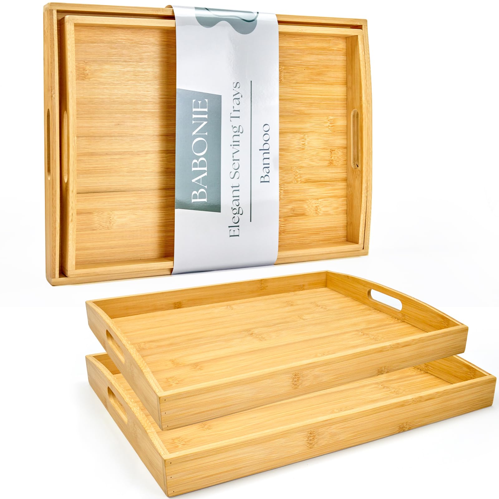 Juego de 2 bandejas de bambú para servir con asas, bandejas decorativas de madera para comer, trabajar y almacenar, adecuadas para su uso en dormitorio, sala de estar, cocina, baño, escenarios