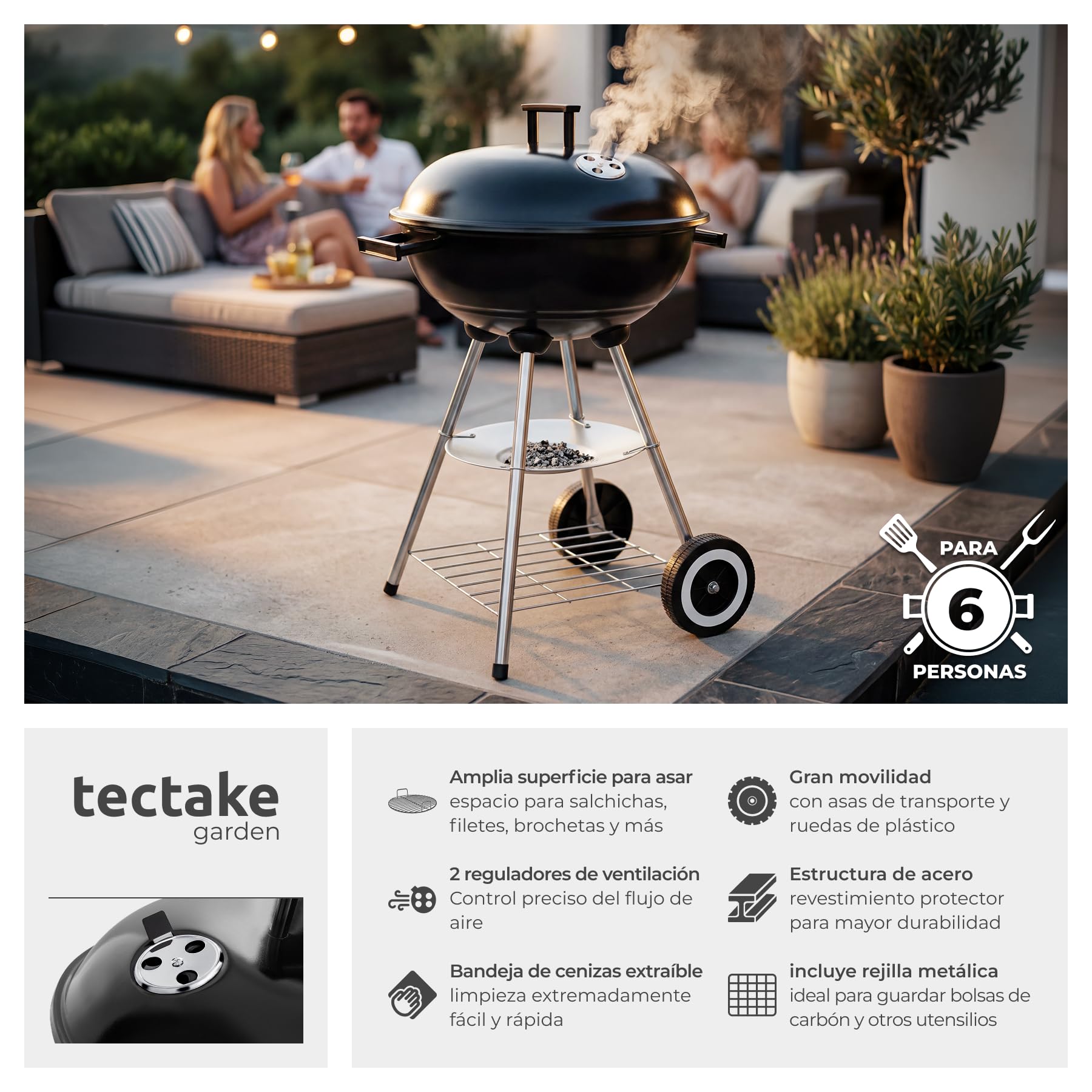 tectake® Barbacoa Carbon Redonda con 2 Ruedas, Parrilla Cromada Ø41,5 cm Tapa con Regulador de Aire, Bandeja Recogecenizas Extraíble, Bbq Grill, Barbacoa Portatil, Cocina Exterior - Negro/Plata