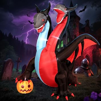DomKom Halloween Inflatable Blow Up Decorations, 8FT Giant Two-Headed Dragon with Pumpkin, Built-in LEDs for Holiday Party, Garden, Lawn, Yard, Patio Decor