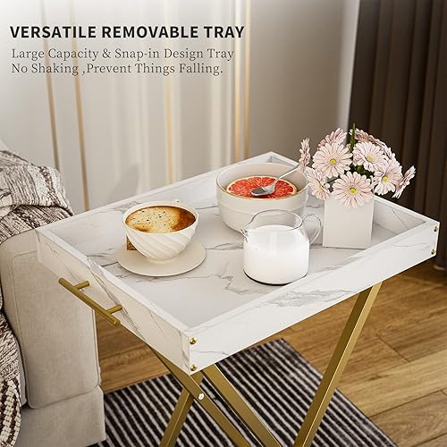 Miniatura 10 de HMFOR Mesas plegables para TV, mesa auxiliar para lugares pequeños, mesas para comer aperitivos en el sofá, mesas plegables con bandeja extraíble