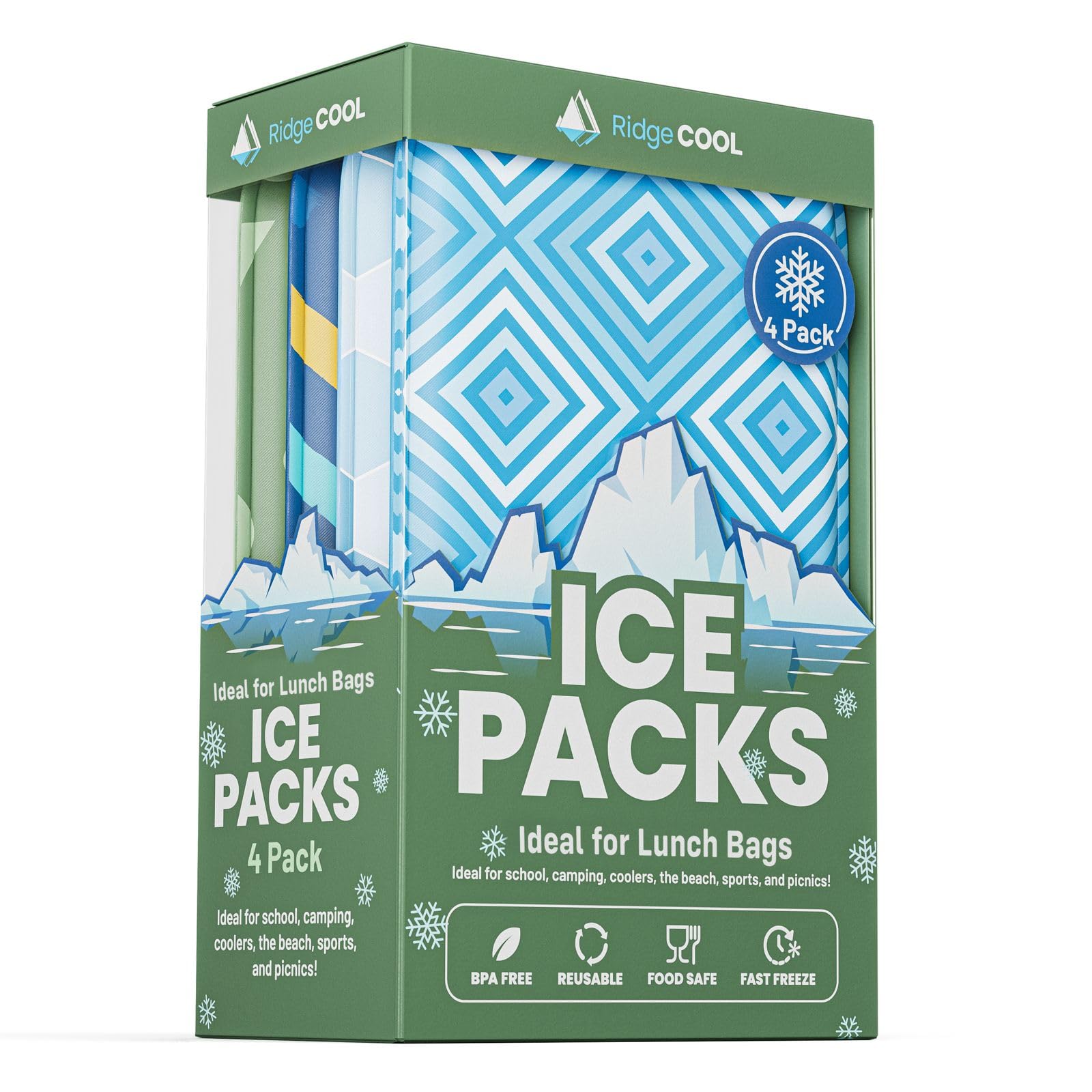 RIDGECOOL Slim Ice Packs for Lunch Boxes and Coolers, 4 Pack Reusable Gel Freezer Packs with Fun Sports Designs, BPA-Free Food Safe Non-Toxic Cold Packs, Long Lasting Ice Packs for Kids, 4.5 x 6 In