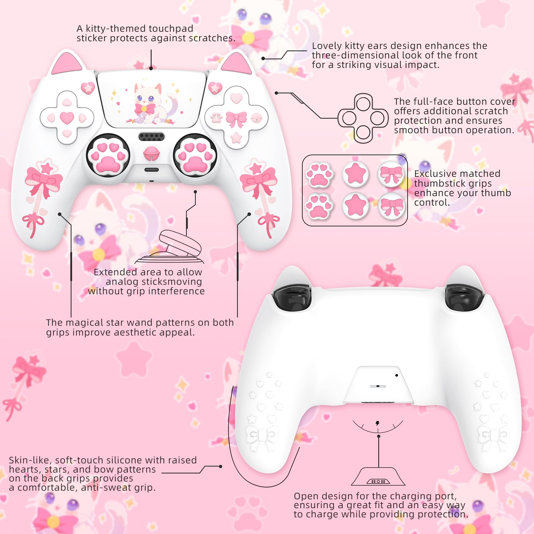 PlayVital Cover Joystick per ps5 Controller,Skin Silicone Antiscivolo&6 Copri Analogici&Adesivi,Custodia per ps5 Joypad-Compatibile con Base di Ricarica-Gattino Carino,Bianco