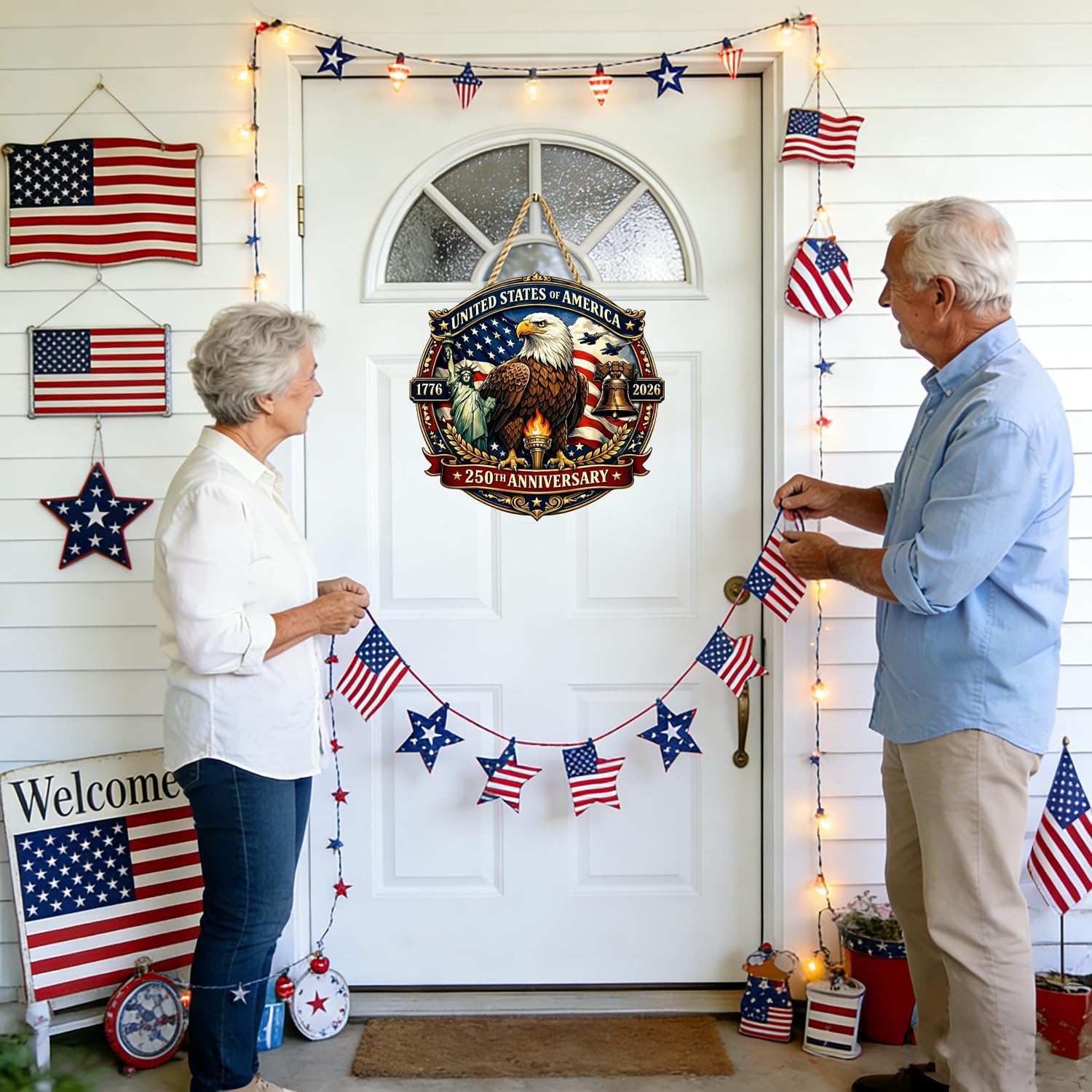 250 Anniversary 4th of July Door Sign Wooden 250th Anniversary 1776-2026 Wreath Double Layer Patriotic Independence Door Hanger Wooden Wall Decor Hanging Sign for Home Porch Outdoor Party Decor