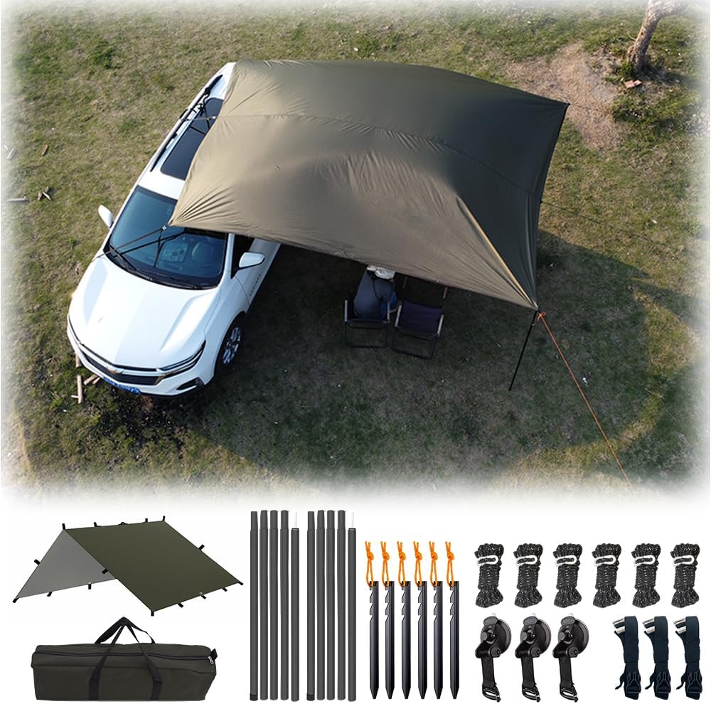Car Awning Camping SUV Sun Shelter Waterproof Universal Tent Canopy Anti-UV for Van Campervan Caravan Truck Vehicle (Olive Green, 118"X118")