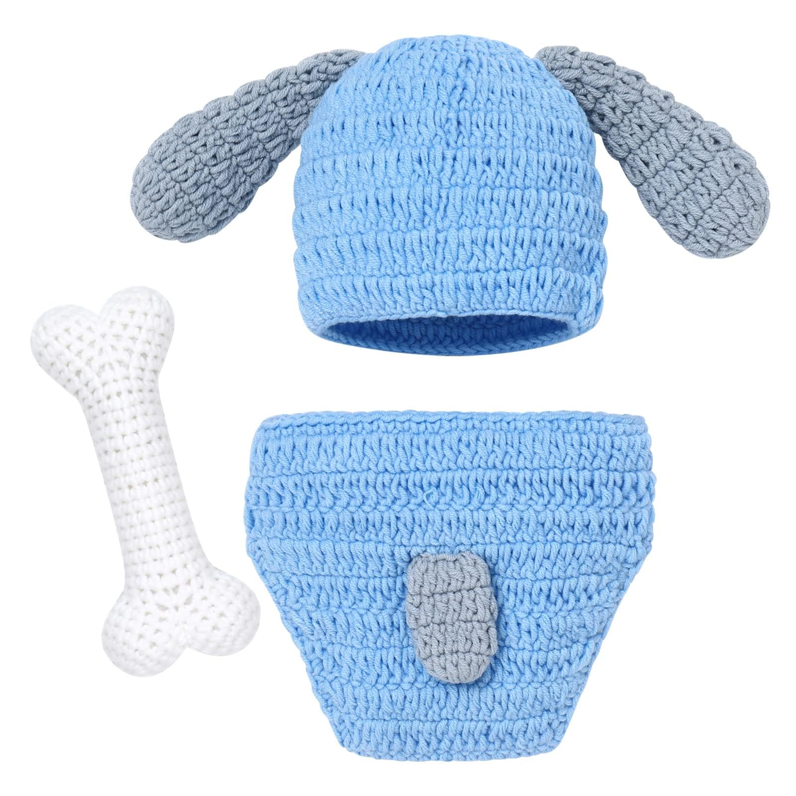 Set di 3 accessori per foto per neonati, all'uncinetto, a maglia, blu, con osso, per ragazzi e ragazze, fotografia (0-6 mesi)
