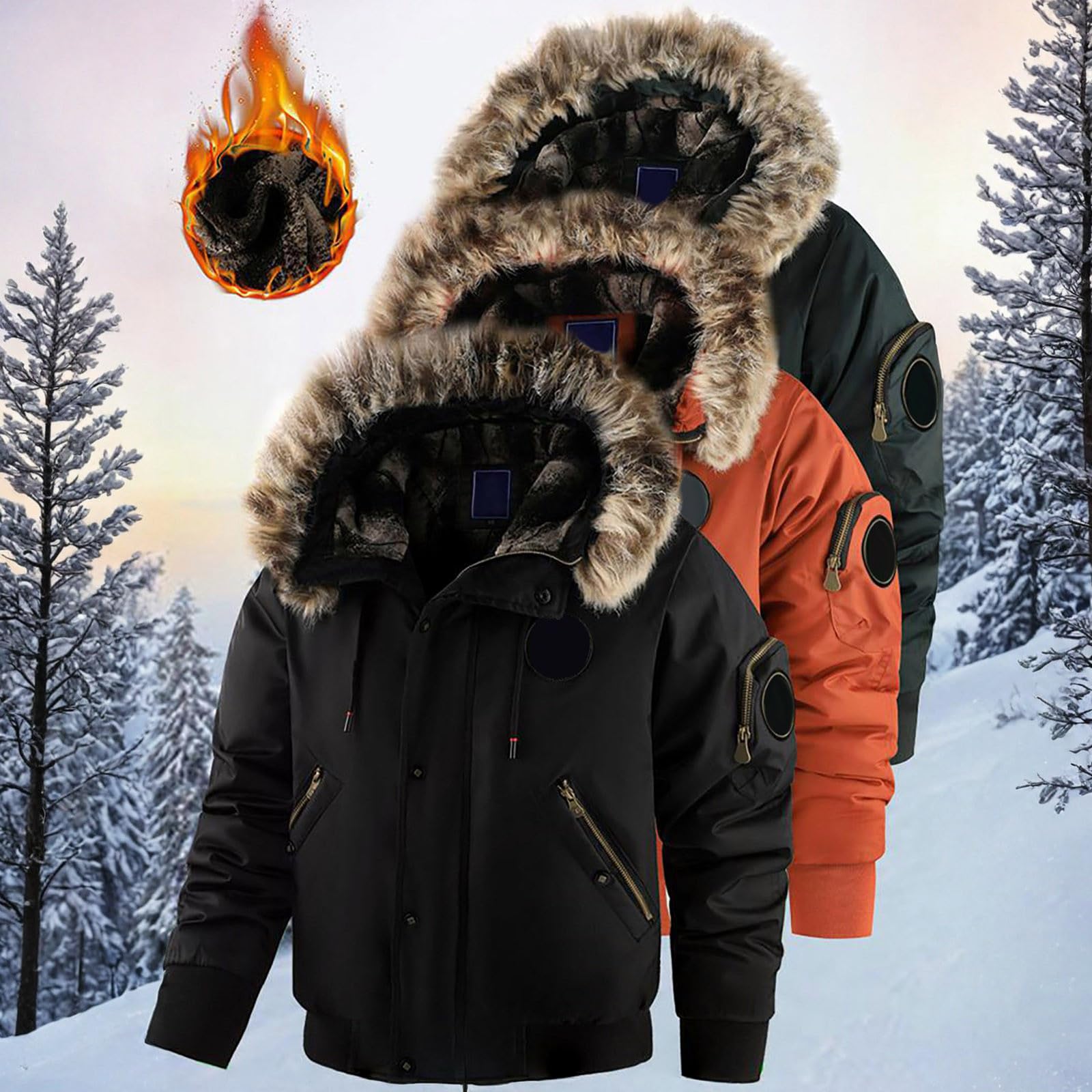 Chaqueta bomber de invierno para hombre con capucha de pelo, chaqueta de piloto forrada con bolsillos con cremallera, chaqueta cálida Parker chaqueta acolchada de invierno gruesa chaqueta de