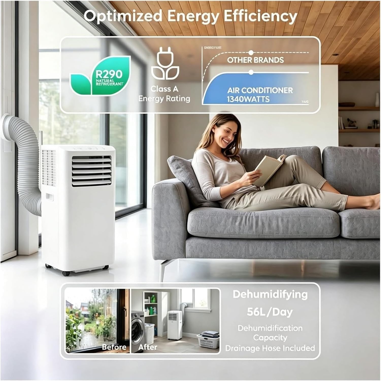 Aire Acondicionado Portátil 12000 BTU Frío | Eficiente con Temporizador 24 Horas y Kit de Ventana | Ideal para Hogar y Oficina hasta 30 m², White, 7000 BTU