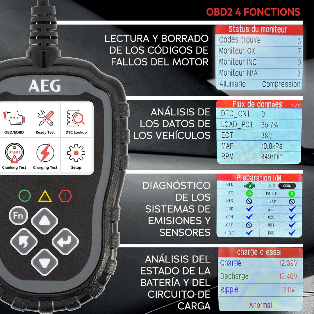 EG 005073 OBD2 Evol 2, 3 Funciones: Lectura, Detalle, borrado de códigos de Falla, análisis de Datos del vehículo, Prueba de batería y Circuito de Carga